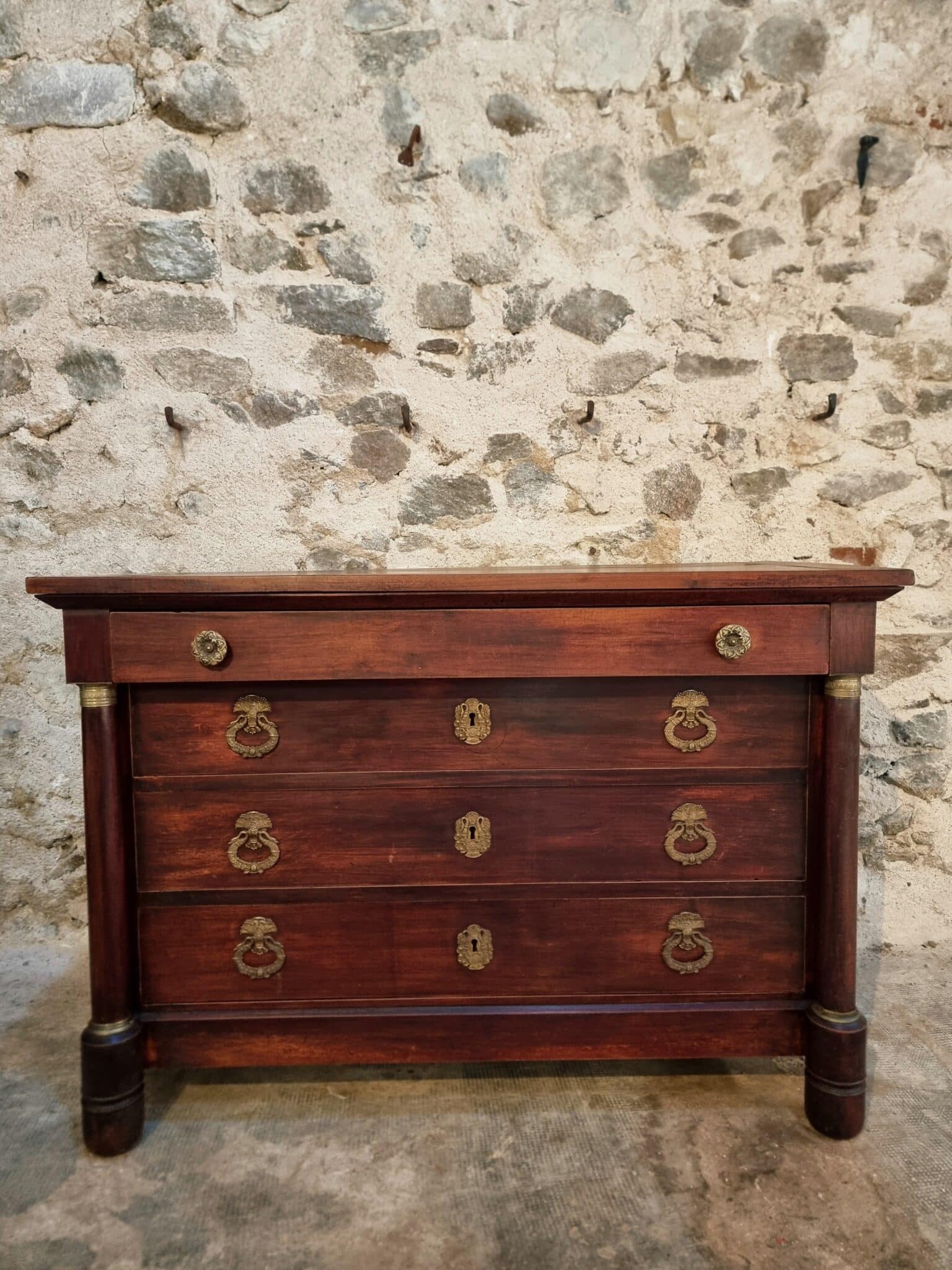 Antique French Empire Commode (Chest of Drawers) in Mahogany (7) Antique French commode with warm patina and bronze fittings