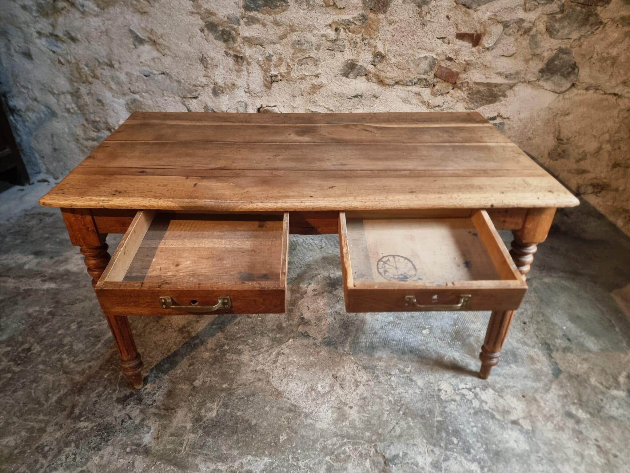 Antique French Oak Table with Drawers, Circa 1900 (11) vintage French oak desk or dining table with storage drawers