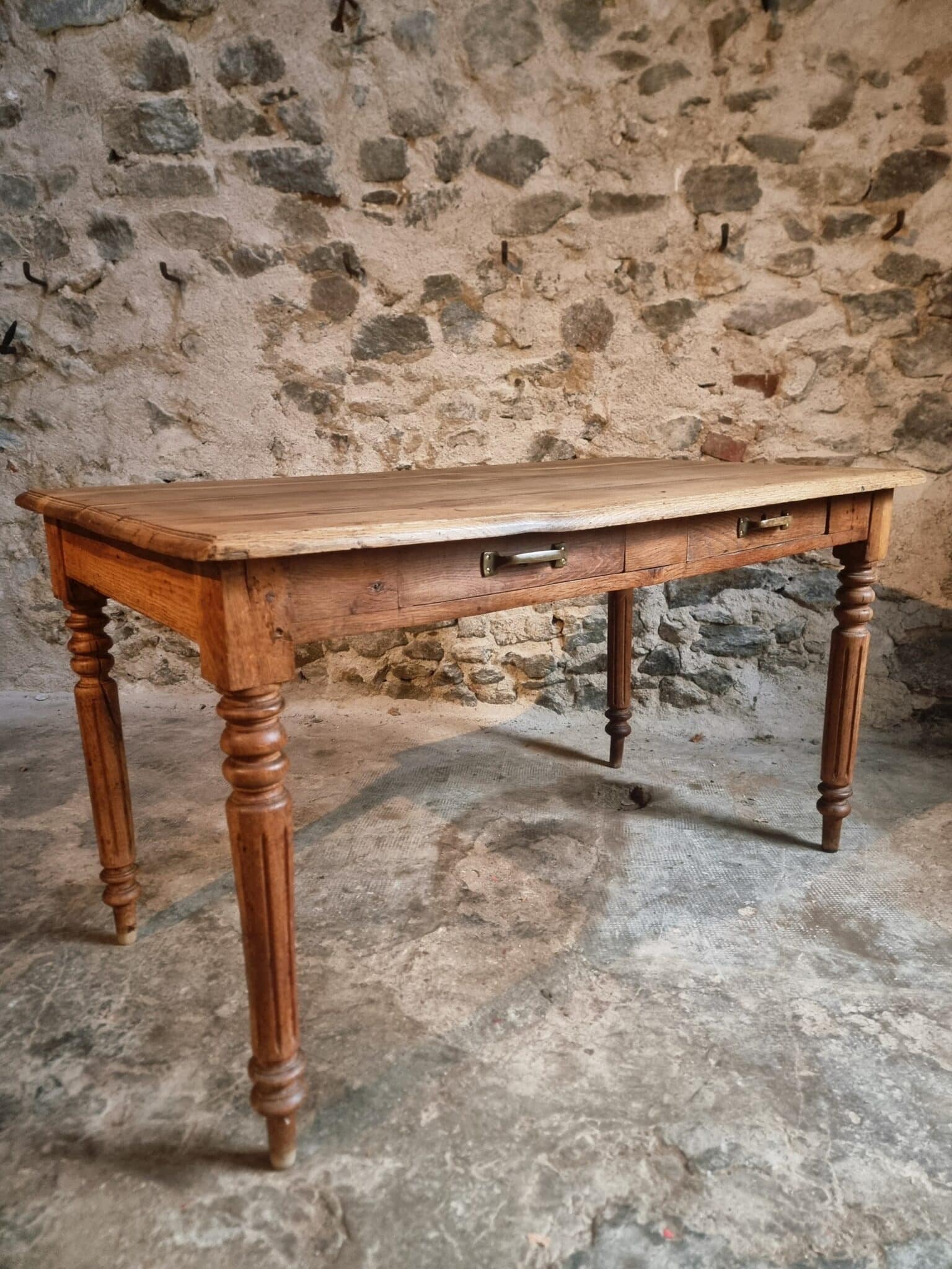 Antique French Oak Table with Drawers, Circa 1900 (12) rustic oak table with drawers and classic turned legs