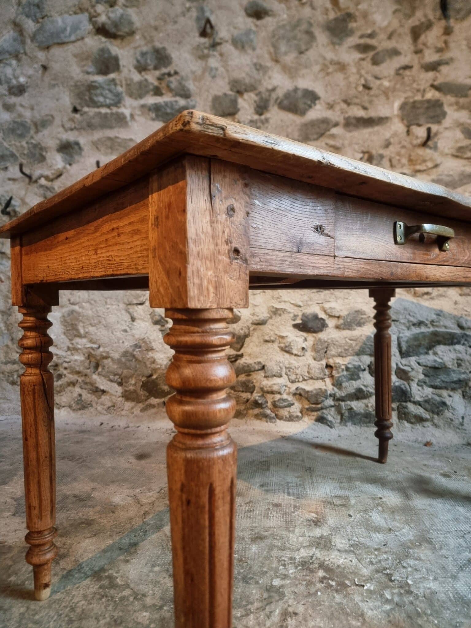 Antique French Oak Table with Drawers, Circa 1900 (14) detail of antique oak table corner and wood grain