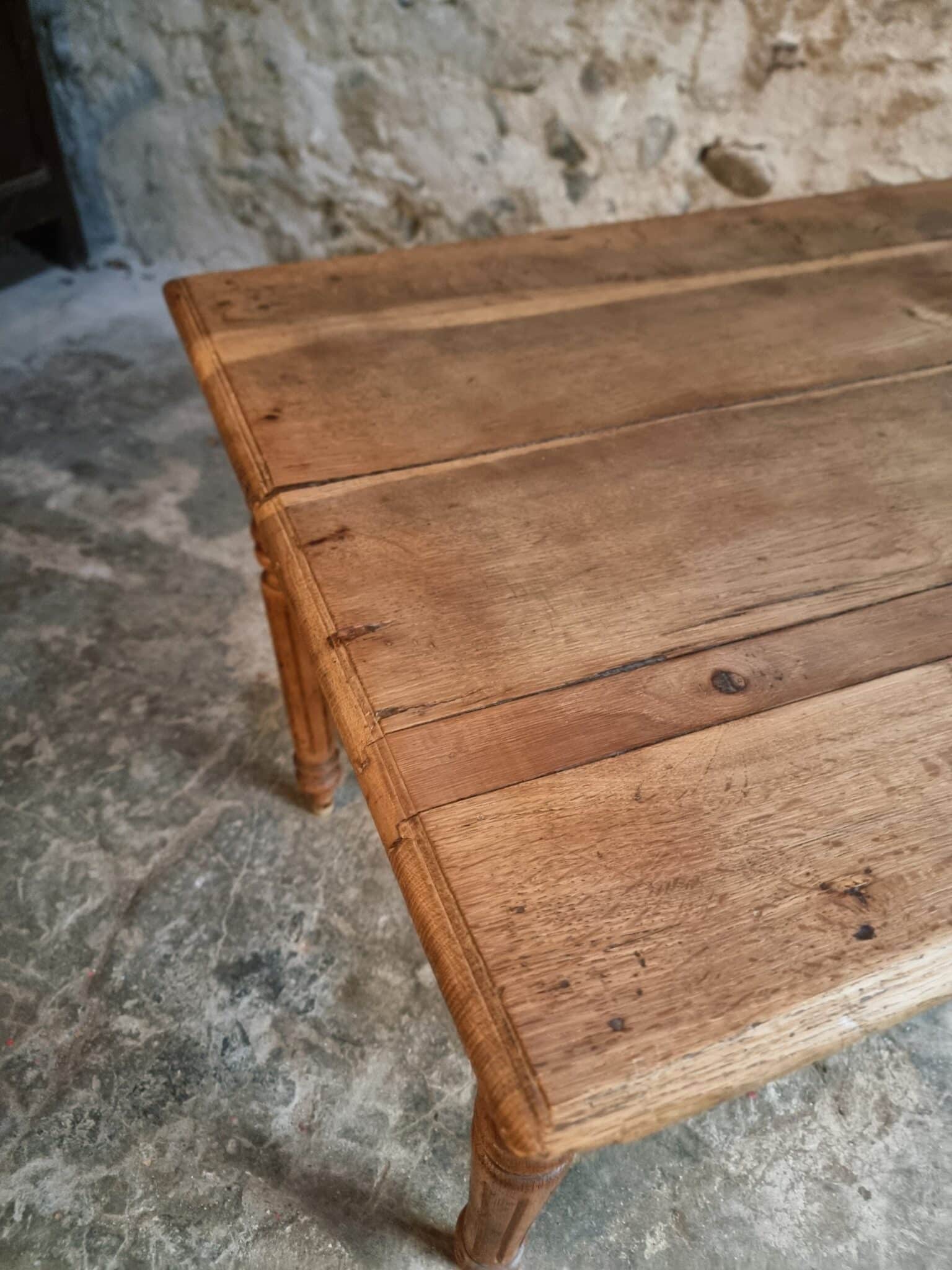 Antique French Oak Table with Drawers, Circa 1900 (15) solid oak tabletop with visible patina and wear marks