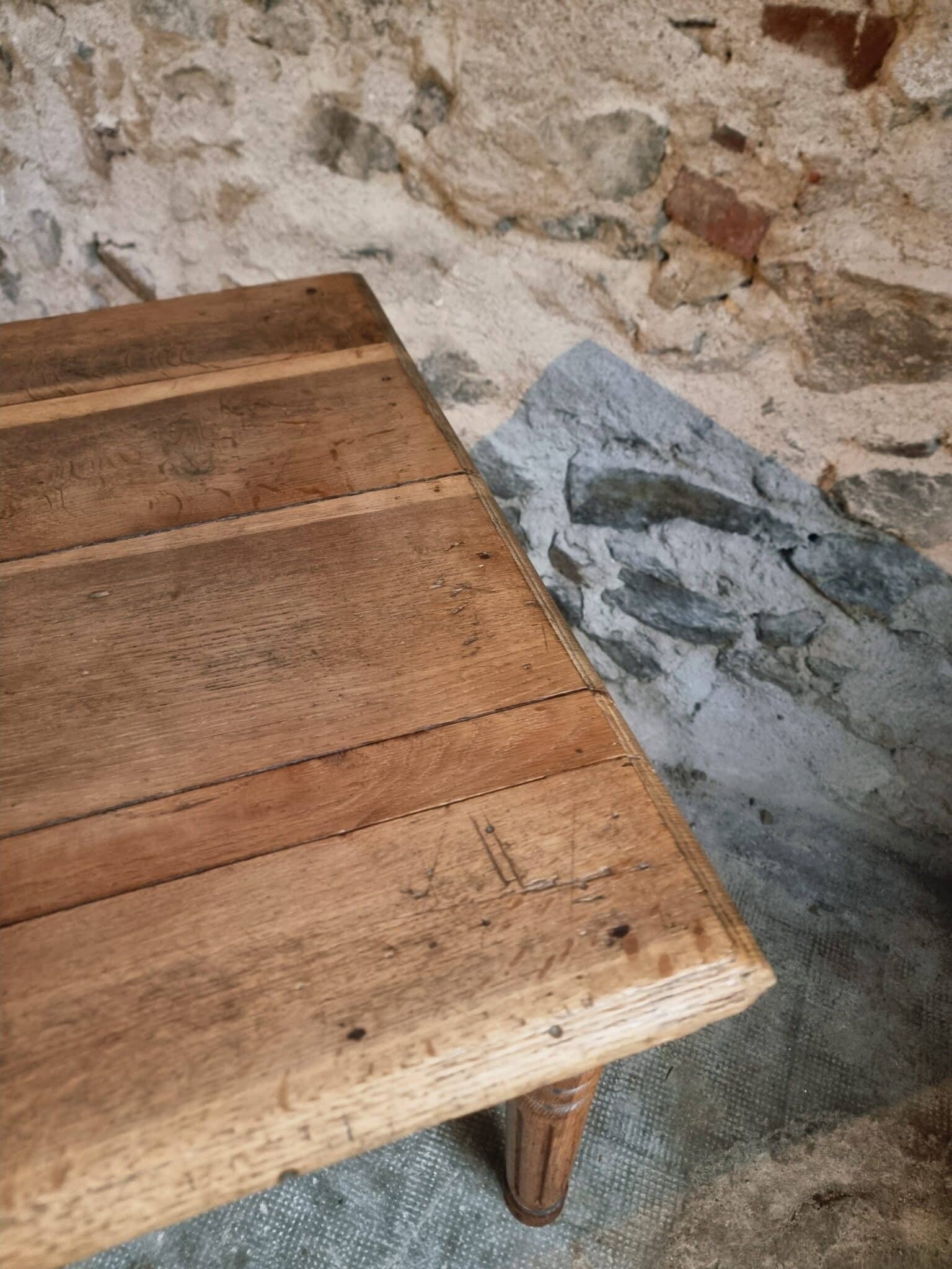 Antique French Oak Table with Drawers, Circa 1900 (16) French oak desk circa 1900 with aged wood surface