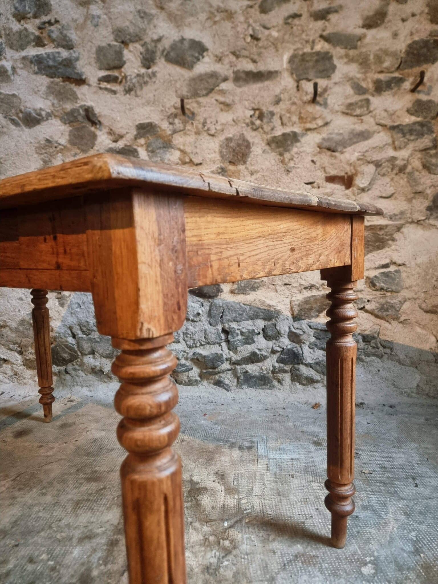Antique French Oak Table with Drawers, Circa 1900 (9) close-up of turned oak leg on antique French table