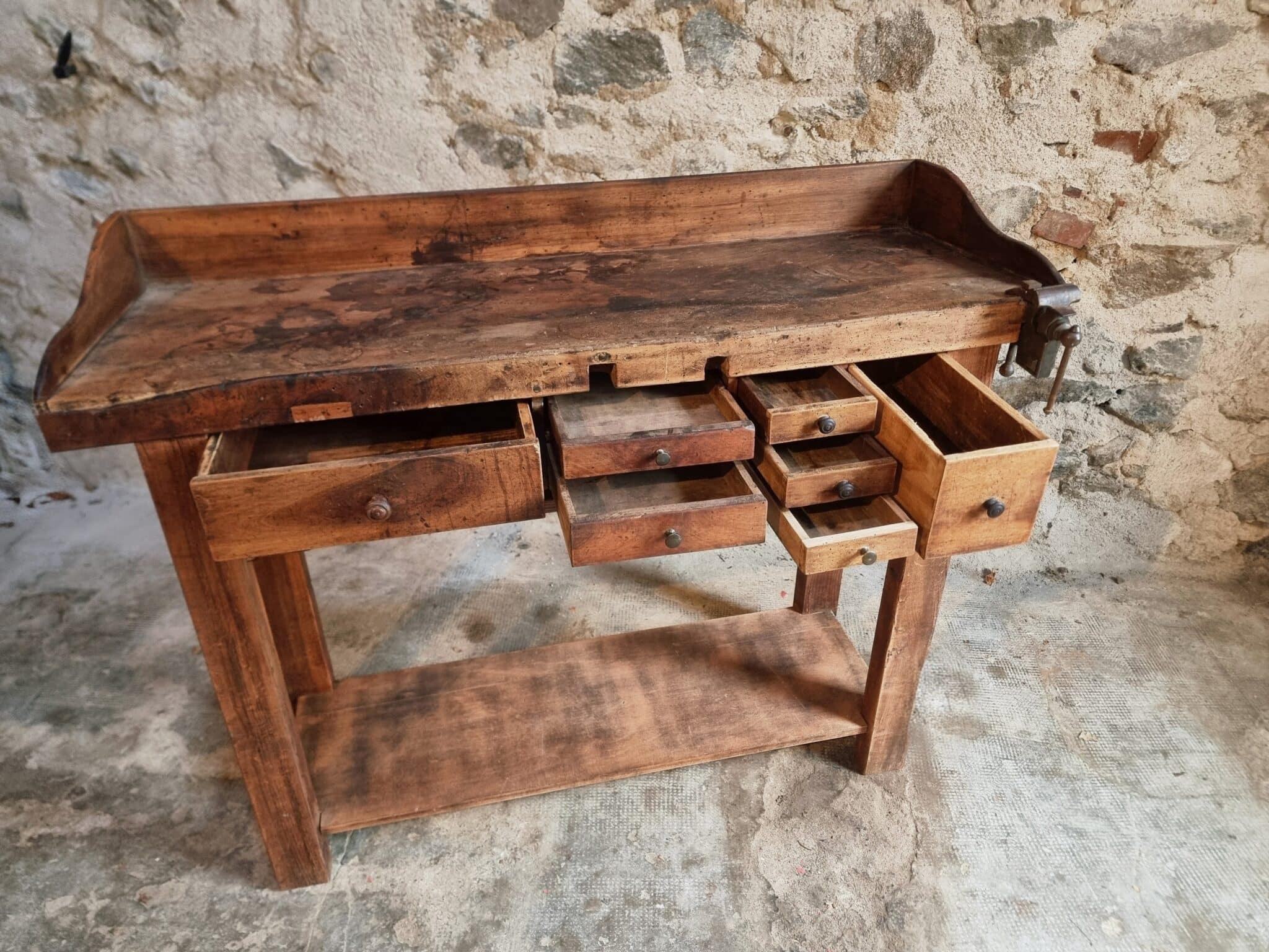 Antique French Watchmaker’s Workbench – Circa 1900–1920 (10) watchmaker table with multiple drawers