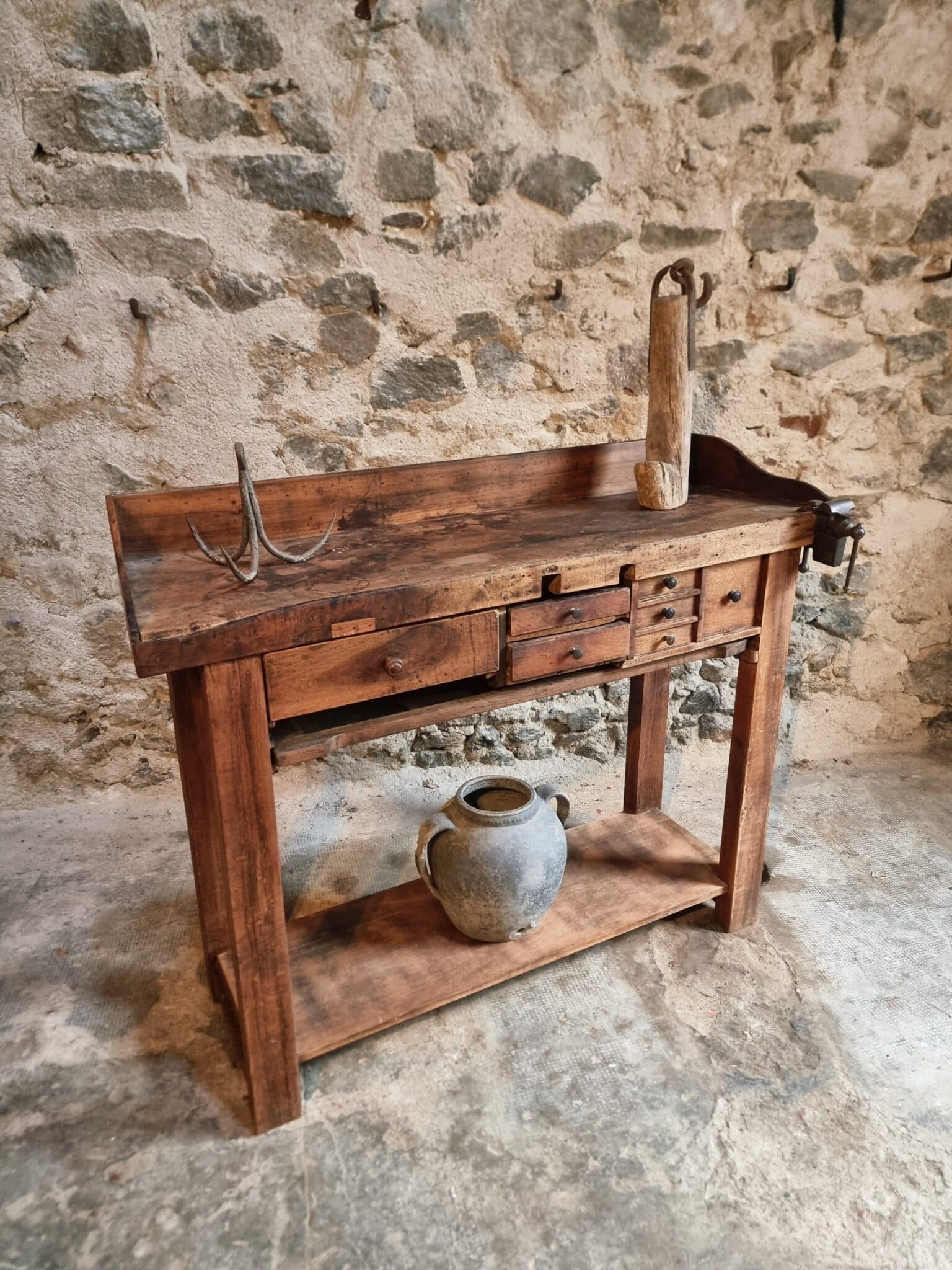 Antique French Watchmaker’s Workbench – Circa 1900–1920 (11) antique workbench worn top surface