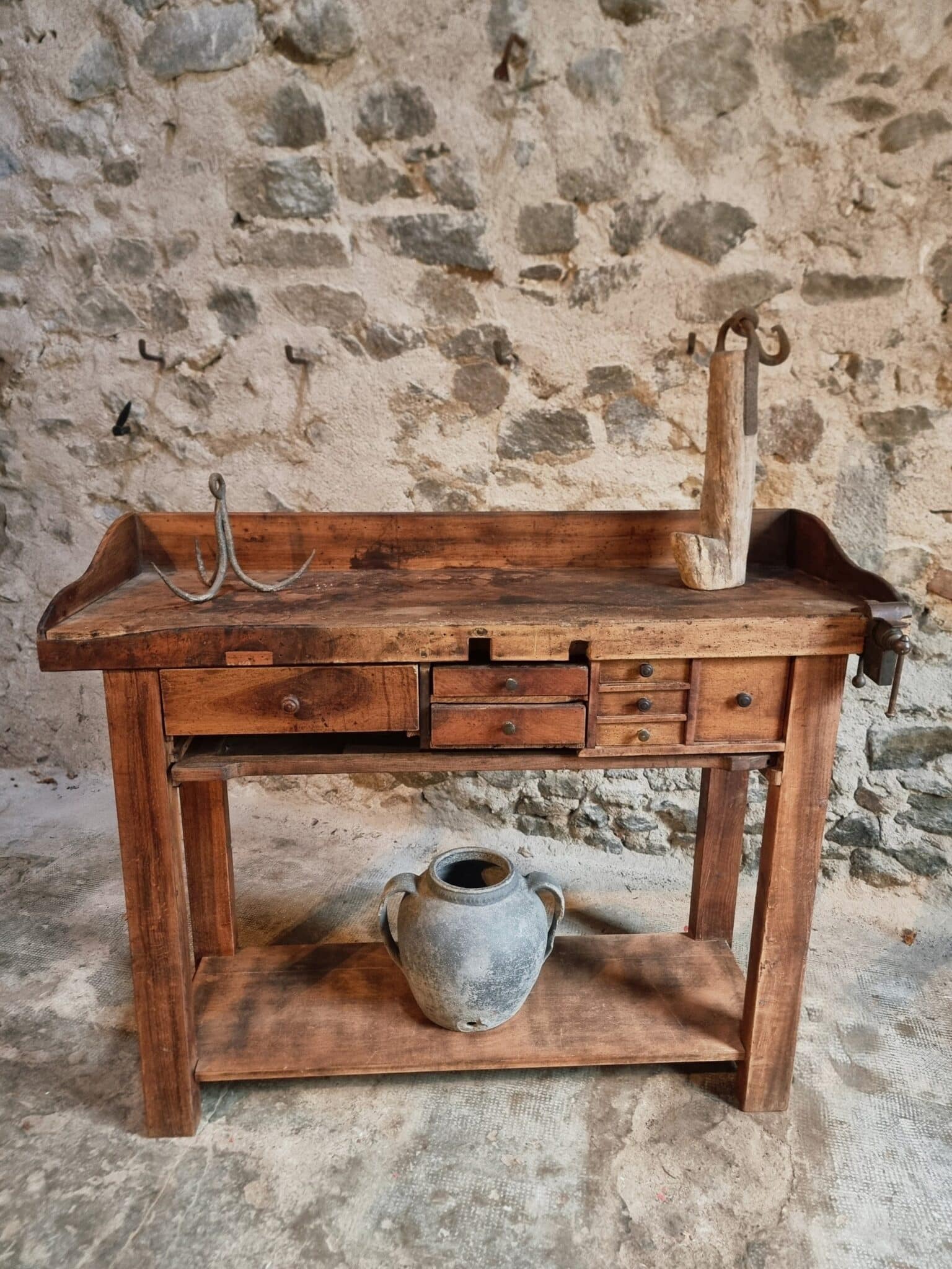 Antique French Watchmaker’s Workbench – Circa 1900–1920 (12) antique oak table workshop style