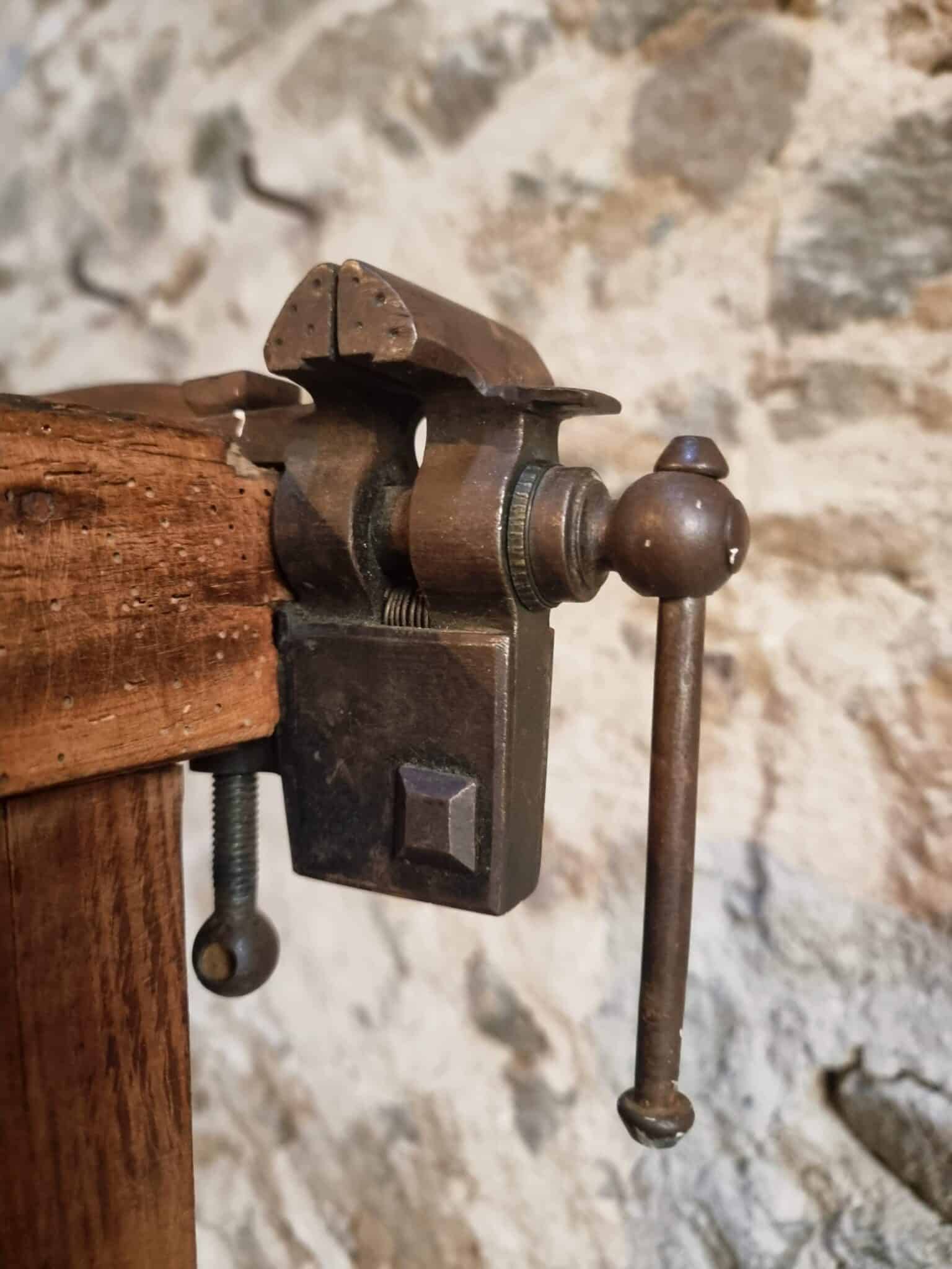 Antique French Watchmaker’s Workbench – Circa 1900–1920 (15) antique french bench with vise detail