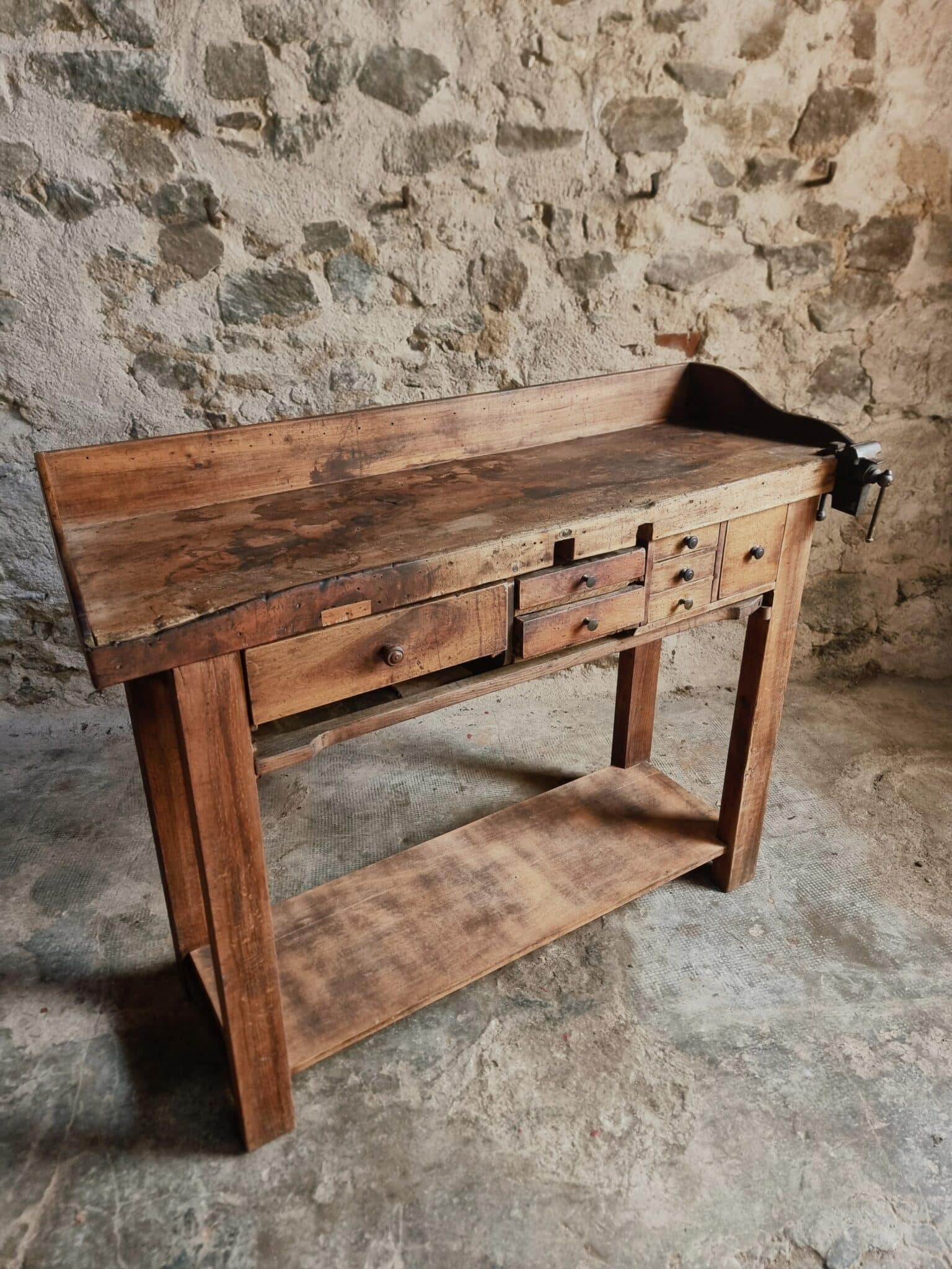 Antique French Watchmaker’s Workbench – Circa 1900–1920 (16) watchmaker table with multiple drawers
