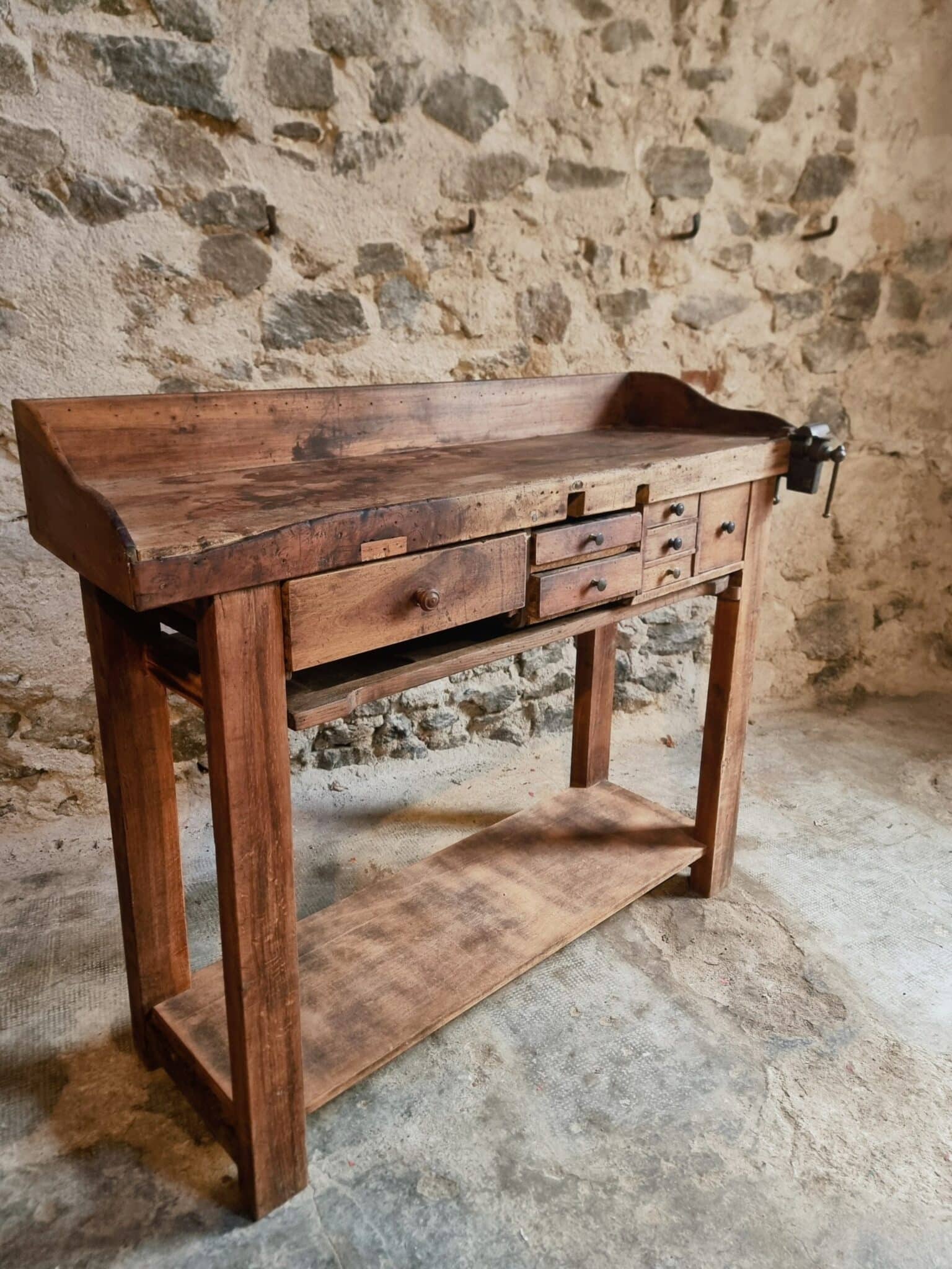 Antique French Watchmaker’s Workbench – Circa 1900–1920 (4) vintage watchmaker bench france drawers