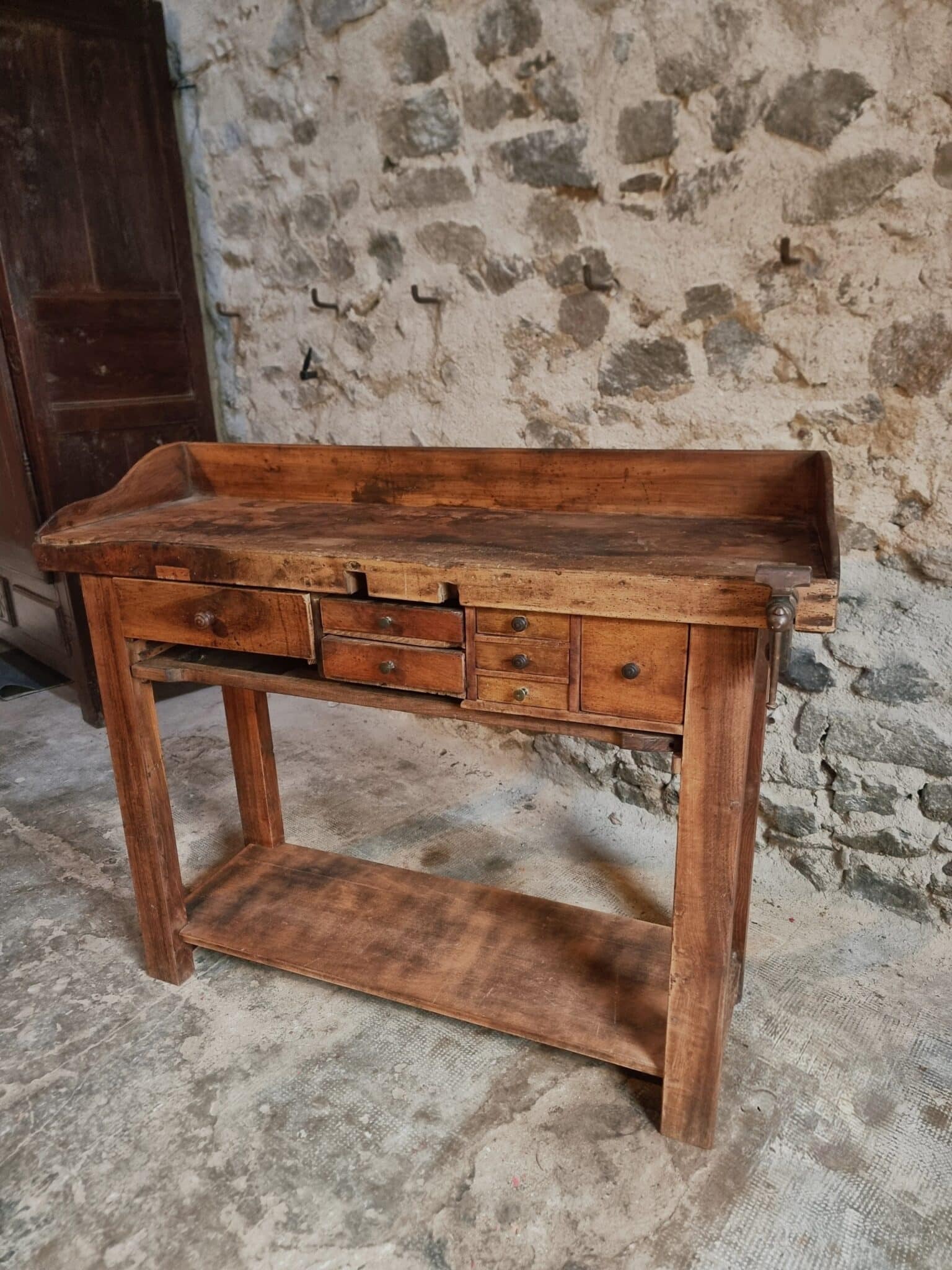 Antique French Watchmaker’s Workbench – Circa 1900–1920 (5) vintage french oak work table