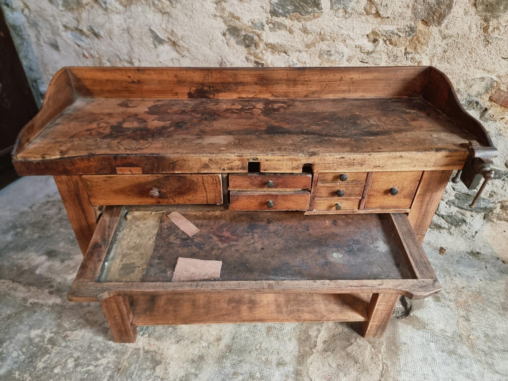 Antique French Watchmaker’s Workbench – Circa 1900–1920 (6) vintage watchmaker bench front view