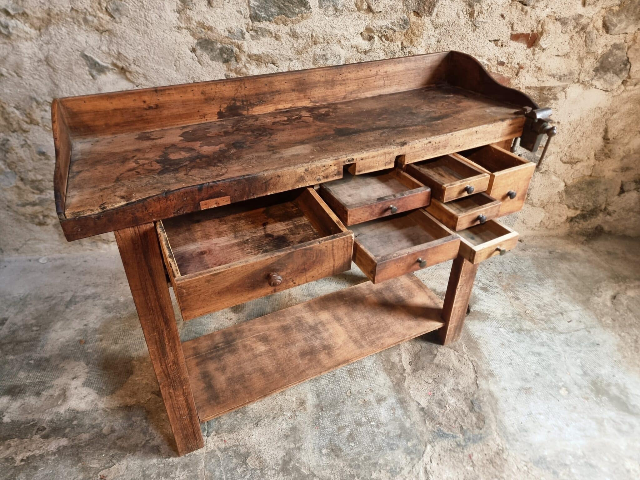 Antique French Watchmaker’s Workbench – Circa 1900–1920 (7) antique bench drawers open detail