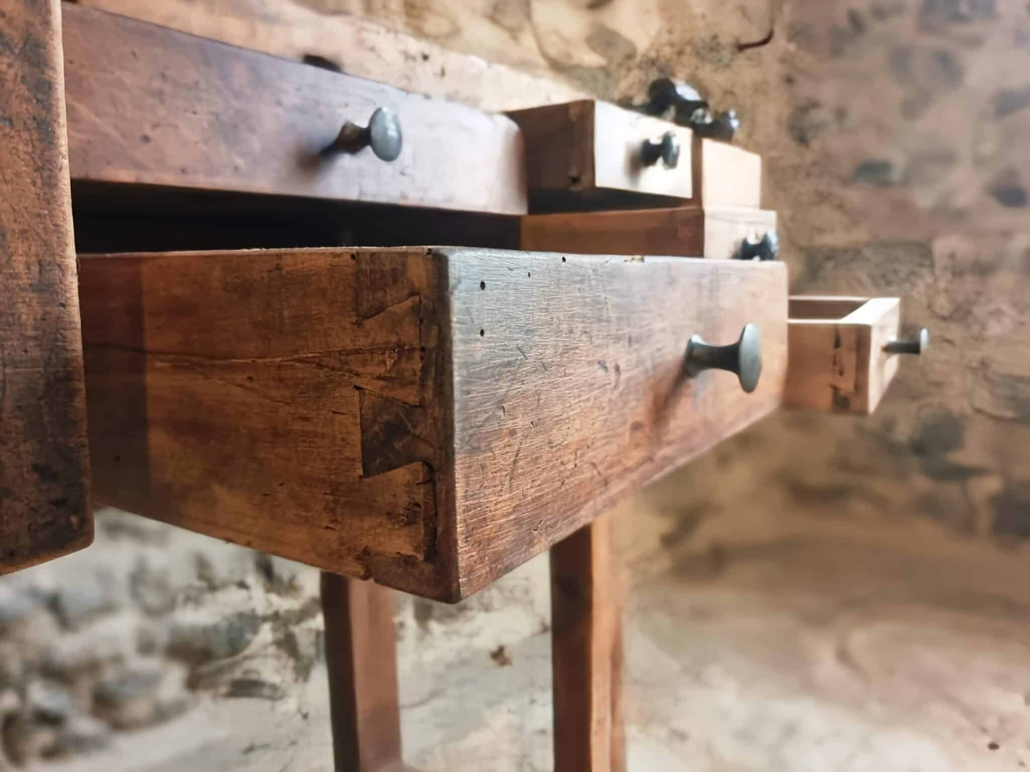 Antique French Watchmaker’s Workbench – Circa 1900–1920 (8) antique bench drawers open detail