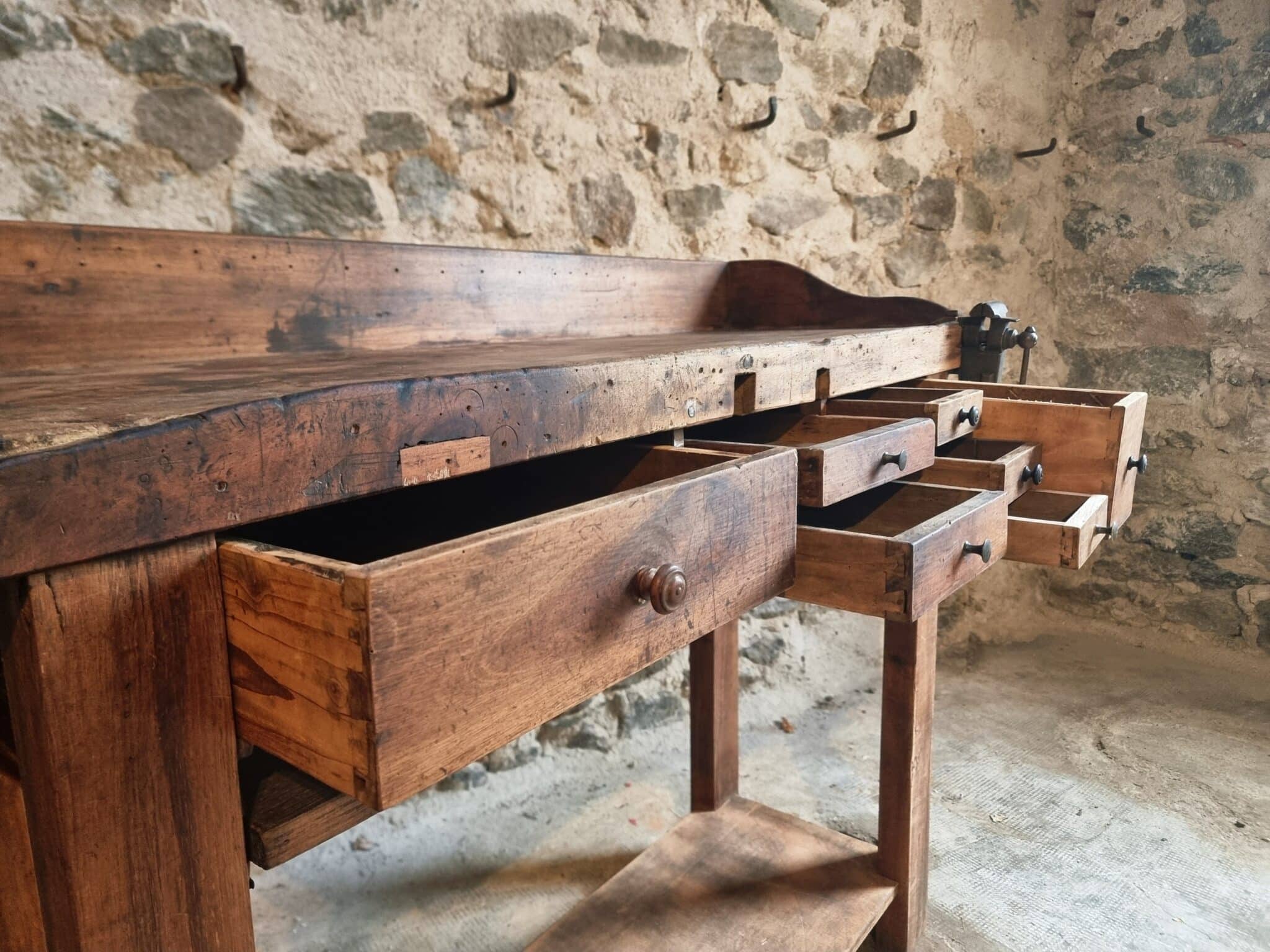 Antique French Watchmaker’s Workbench – Circa 1900–1920 (9) antique watchmaker desk drawer detail