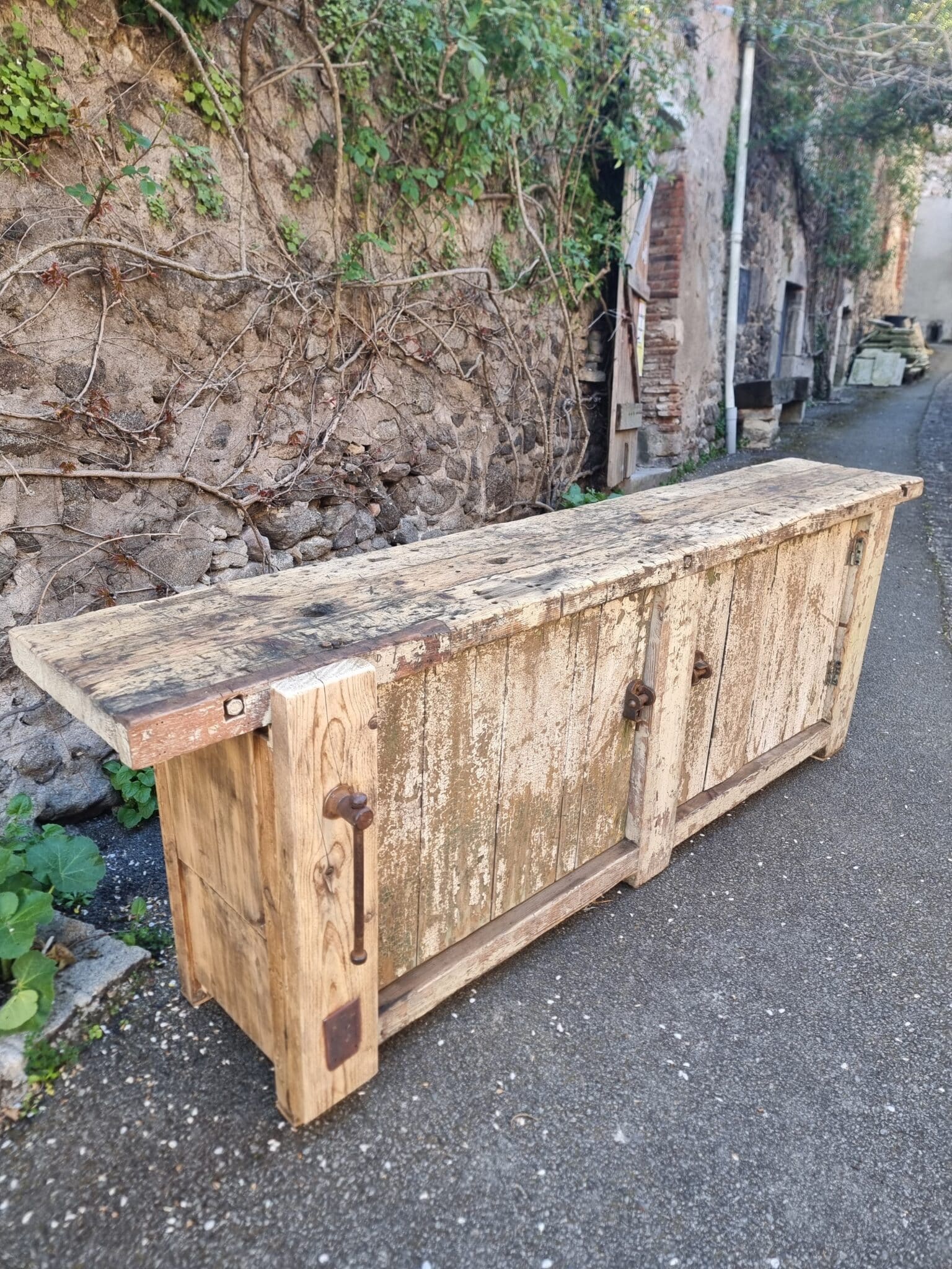 Antique French Workbench Console Table Kitchen Island Shop Counter, Early 1900s (1) Rustic workbench with patina