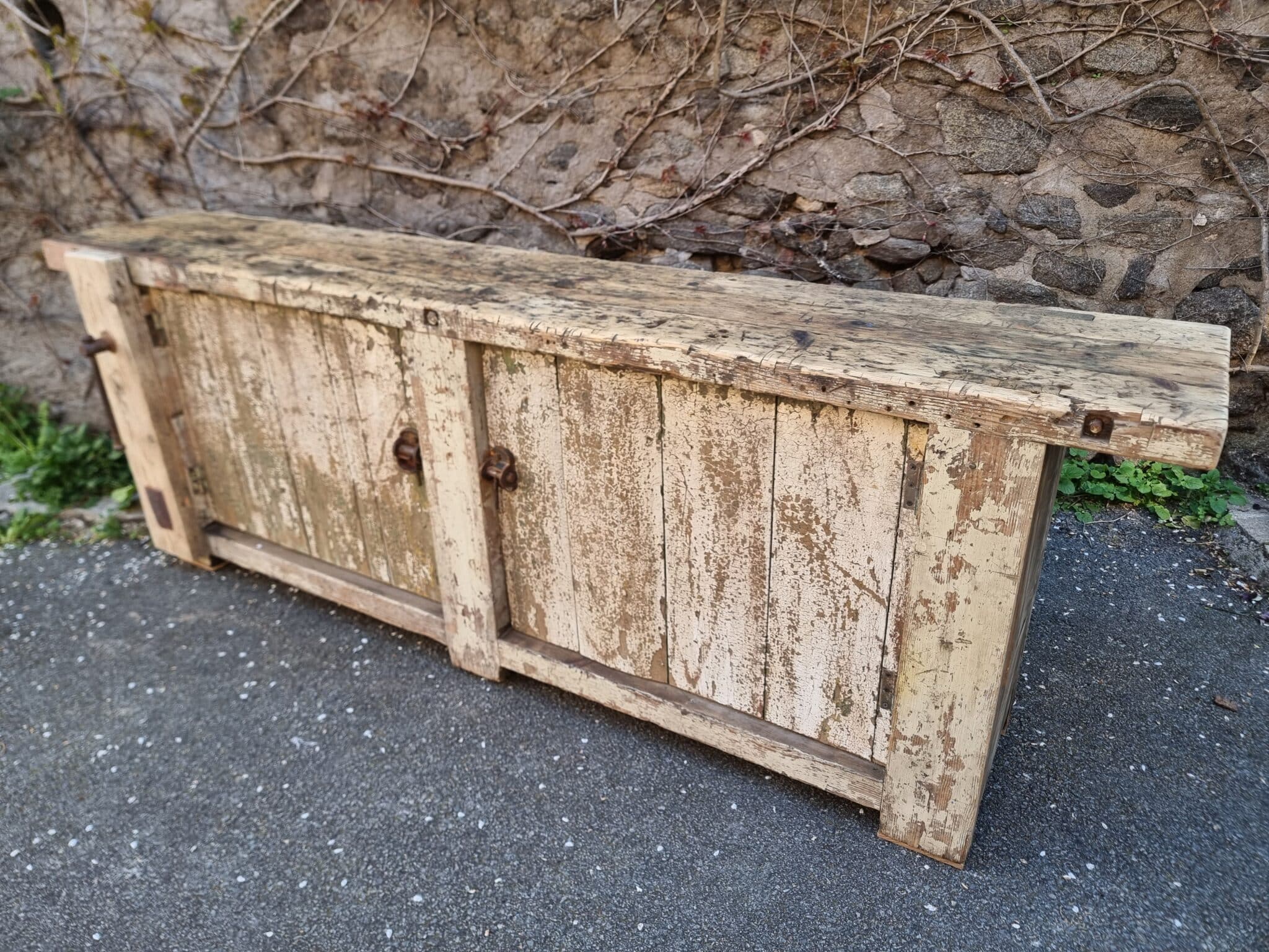 Antique French Workbench Console Table Kitchen Island Shop Counter, Early 1900s (10) antique french workshop workbench cabinet