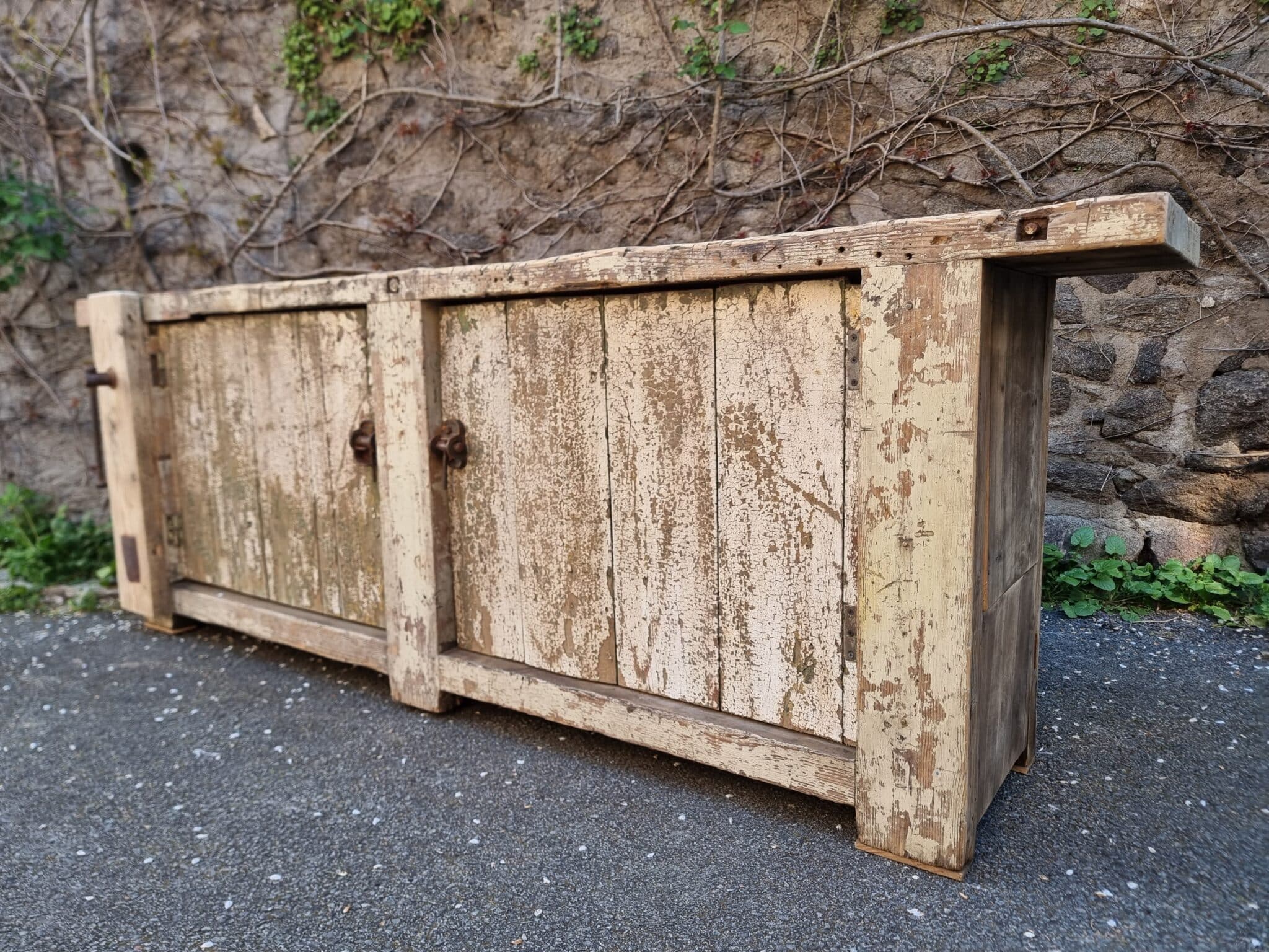 Antique French Workbench Console Table Kitchen Island Shop Counter, Early 1900s (11) antique shop counter pine workbench