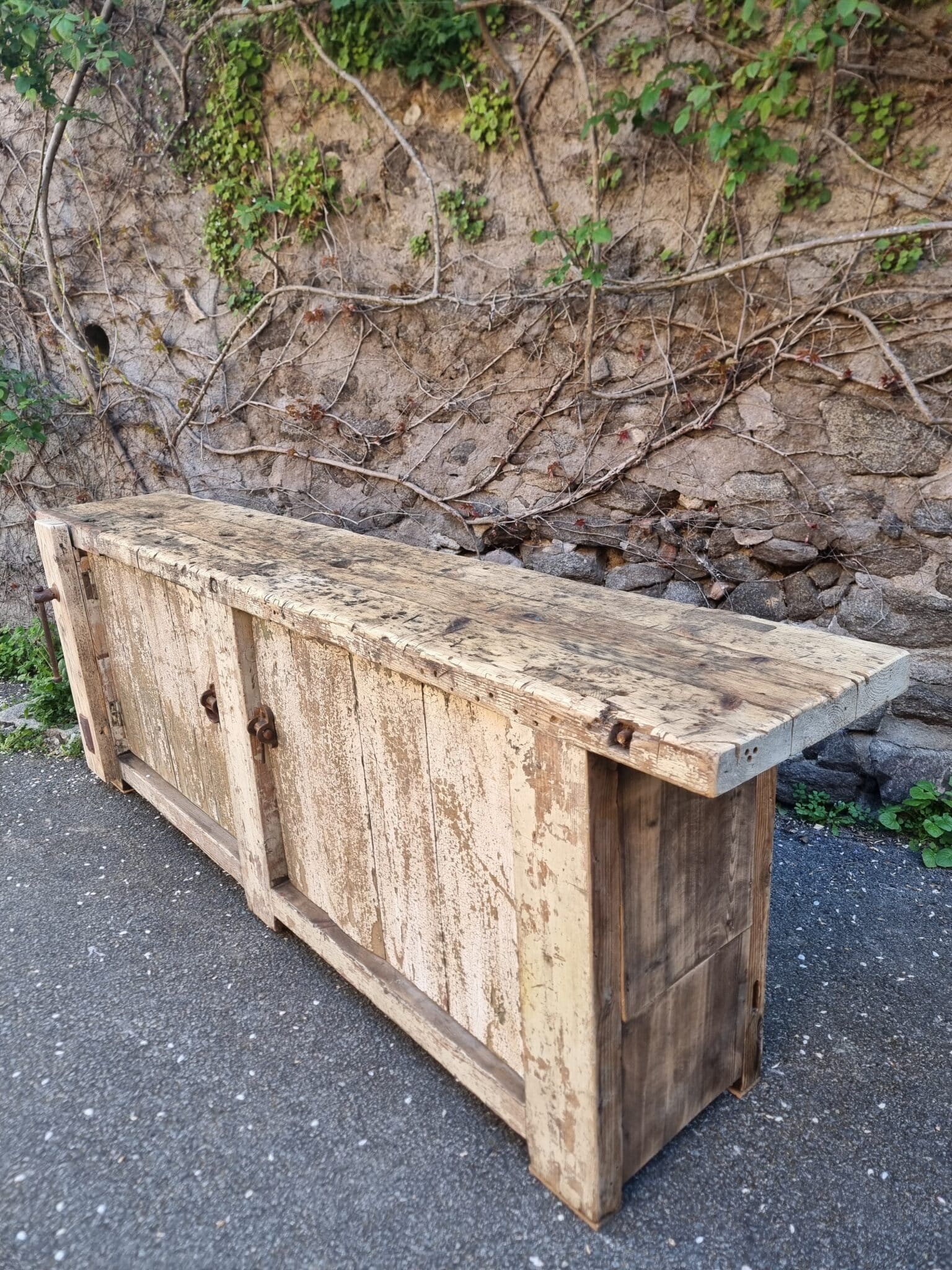 Antique French Workbench Console Table Kitchen Island Shop Counter, Early 1900s (13) French workbench angled view