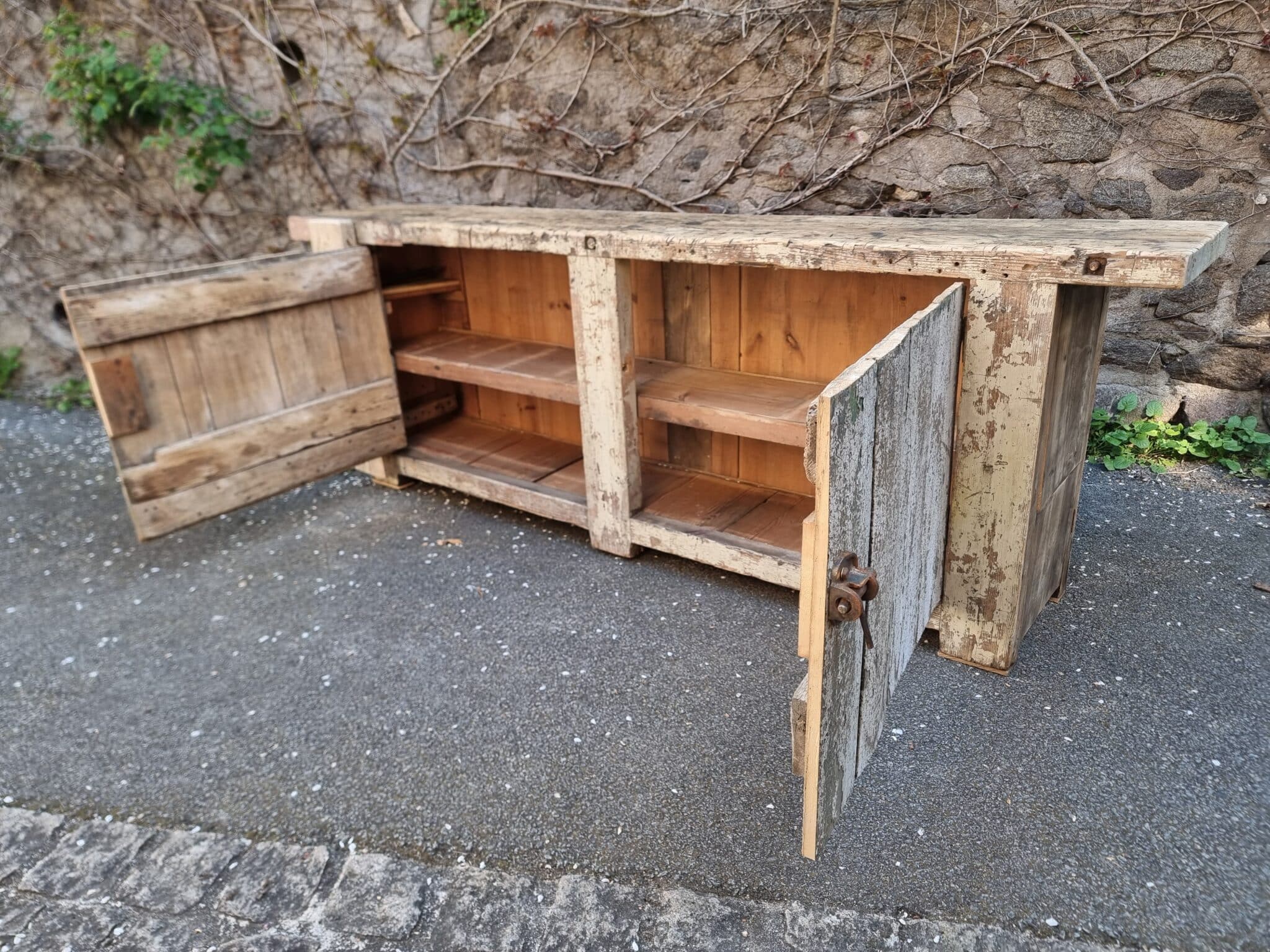 Antique French Workbench Console Table Kitchen Island Shop Counter, Early 1900s (14) Vintage workbench storage cabinet