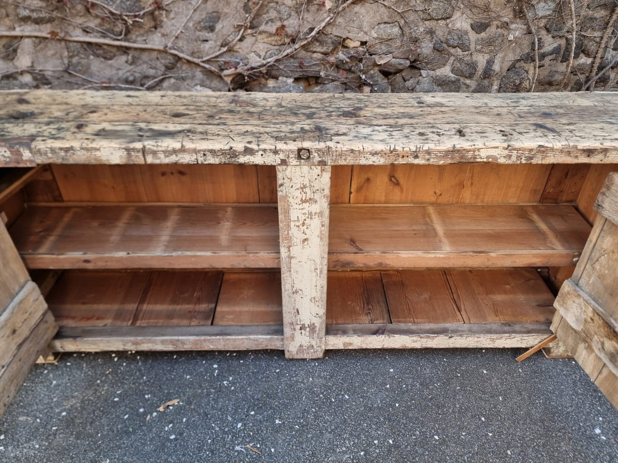Antique French Workbench Console Table Kitchen Island Shop Counter, Early 1900s (16) Vintage workbench storage shelves