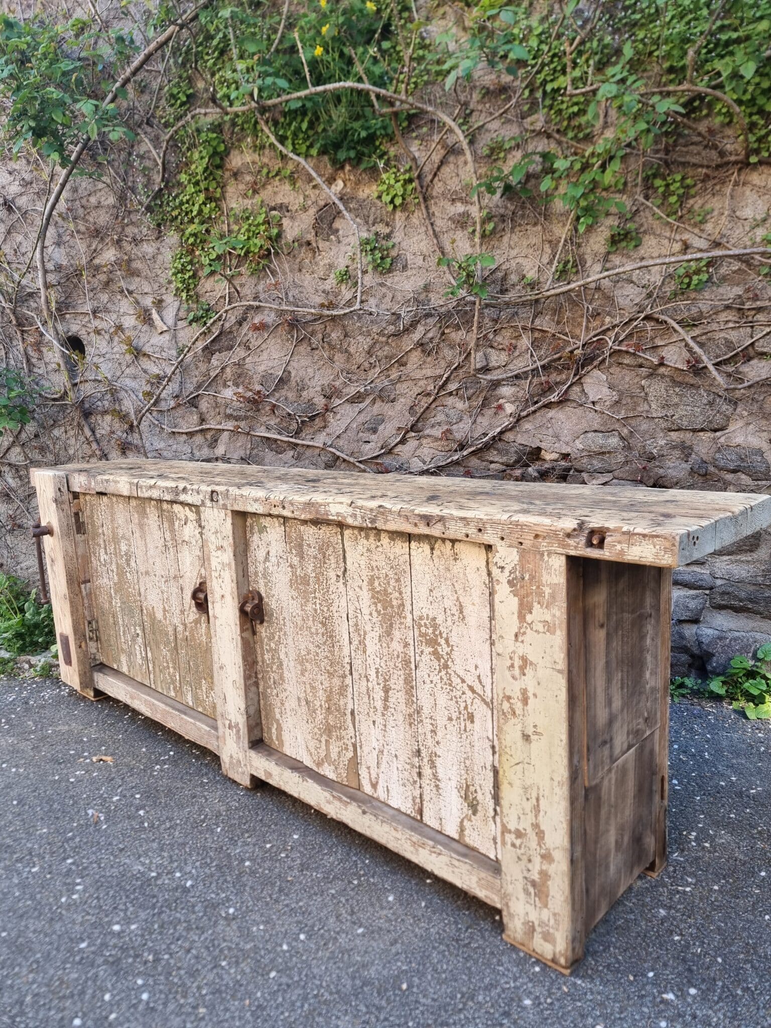 Antique French Workbench Console Table Kitchen Island Shop Counter, Early 1900s (17) Rustic pine workbench cabinet