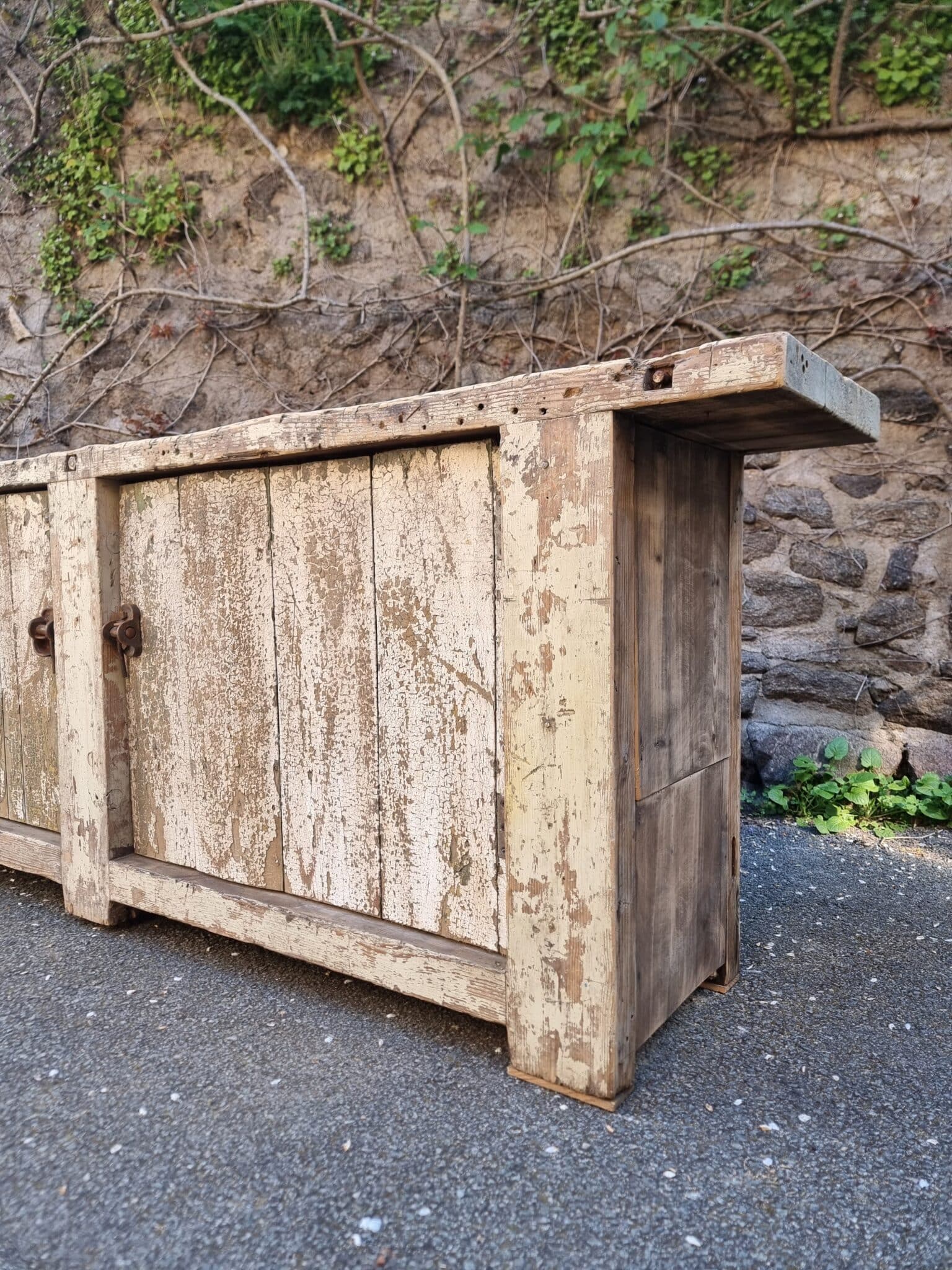 Antique French Workbench Console Table Kitchen Island Shop Counter, Early 1900s (19) Antique workbench with doors