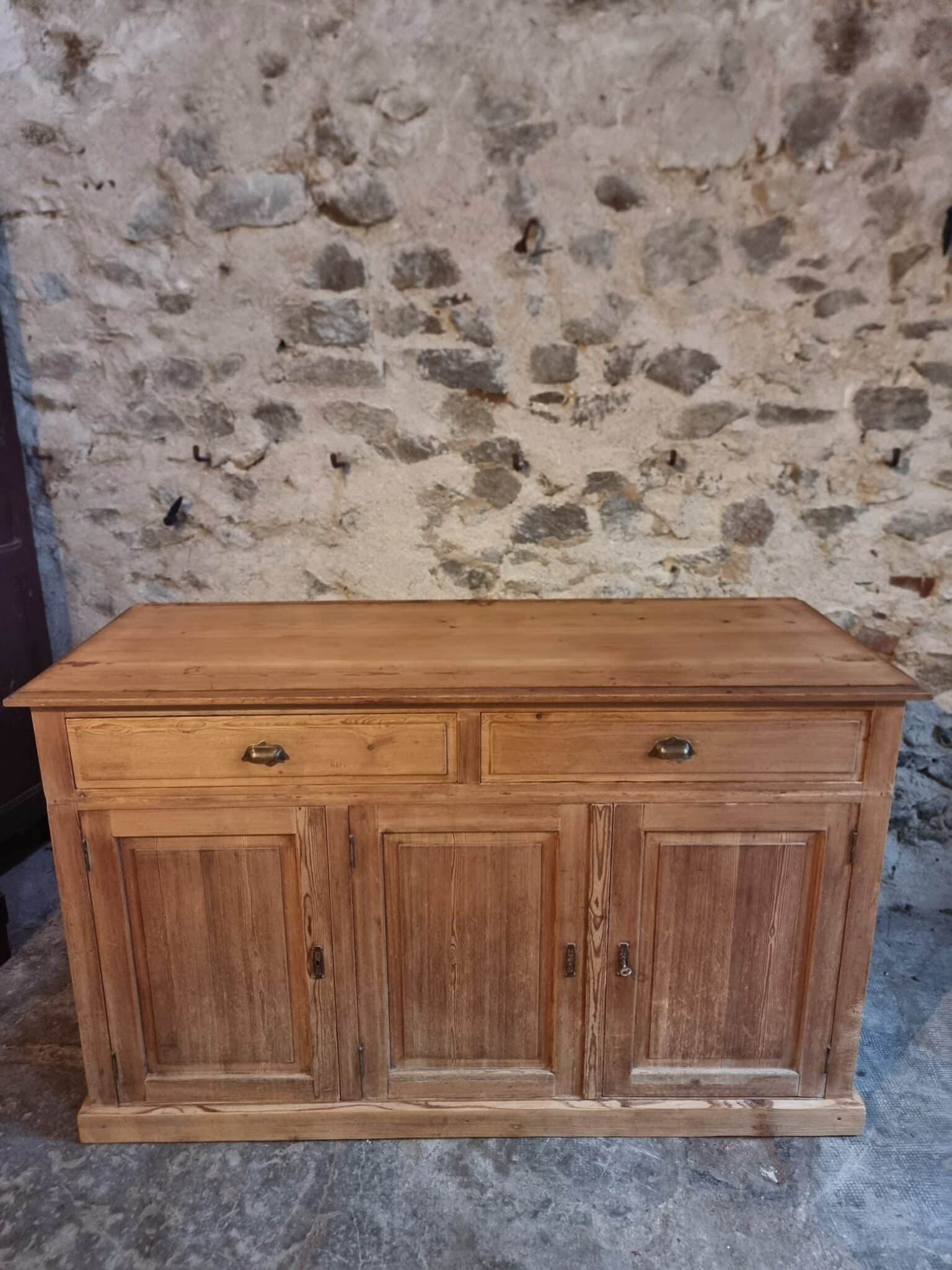 French Rustic Sideboard Cabinet 1920s – Antique Pine Buffet – Kitchen Island Counter – 3 Door Storage Cabinet (10) Rustic sideboard counter front view