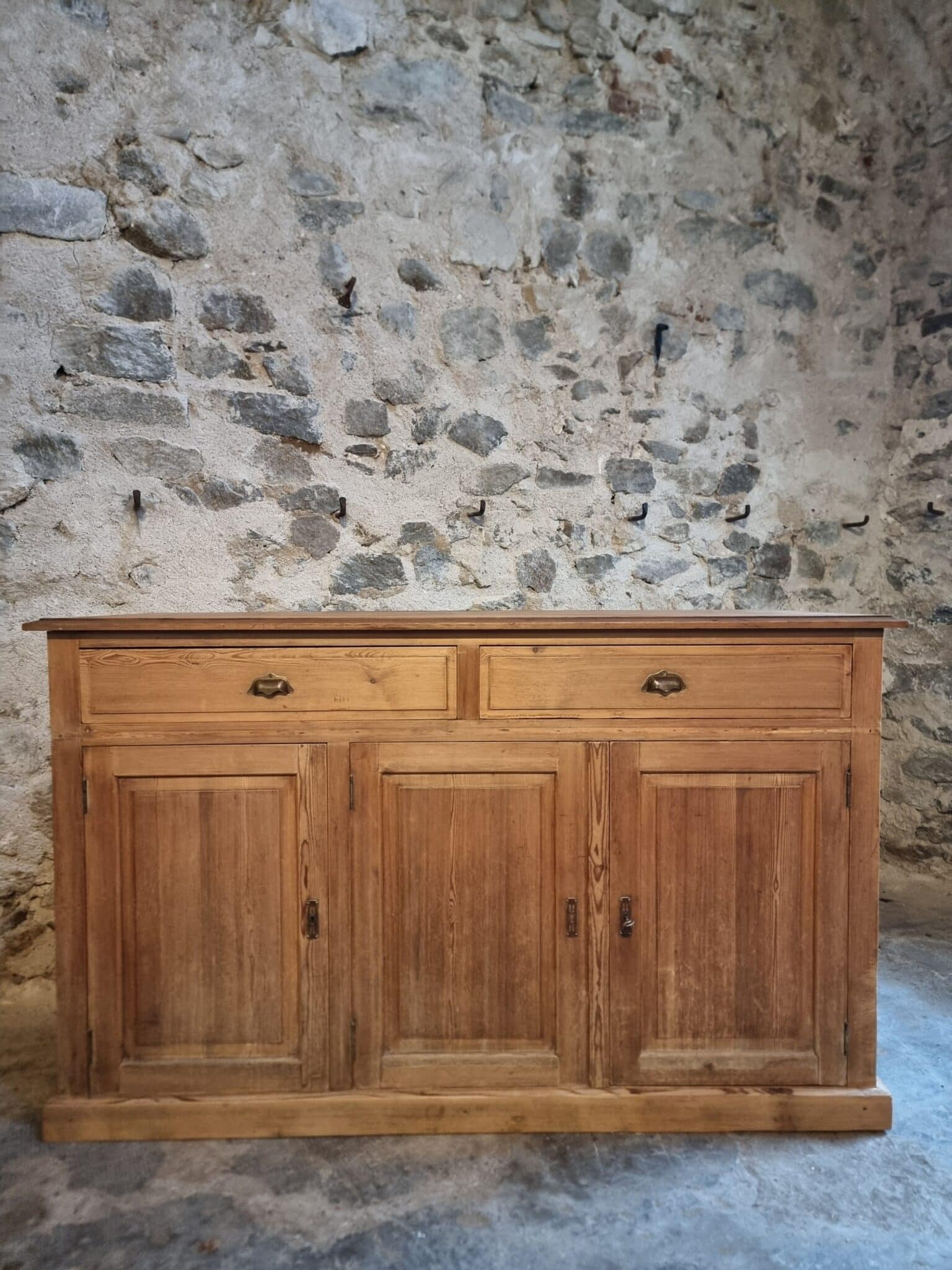 French Rustic Sideboard Cabinet 1920s – Antique Pine Buffet – Kitchen Island Counter – 3 Door Storage Cabinet (11) French country cabinet counter