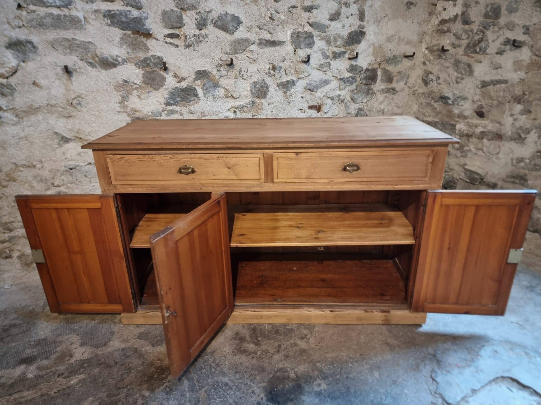 French Rustic Sideboard Cabinet 1920s – Antique Pine Buffet – Kitchen Island Counter – 3 Door Storage Cabinet (13) French sideboard open doors
