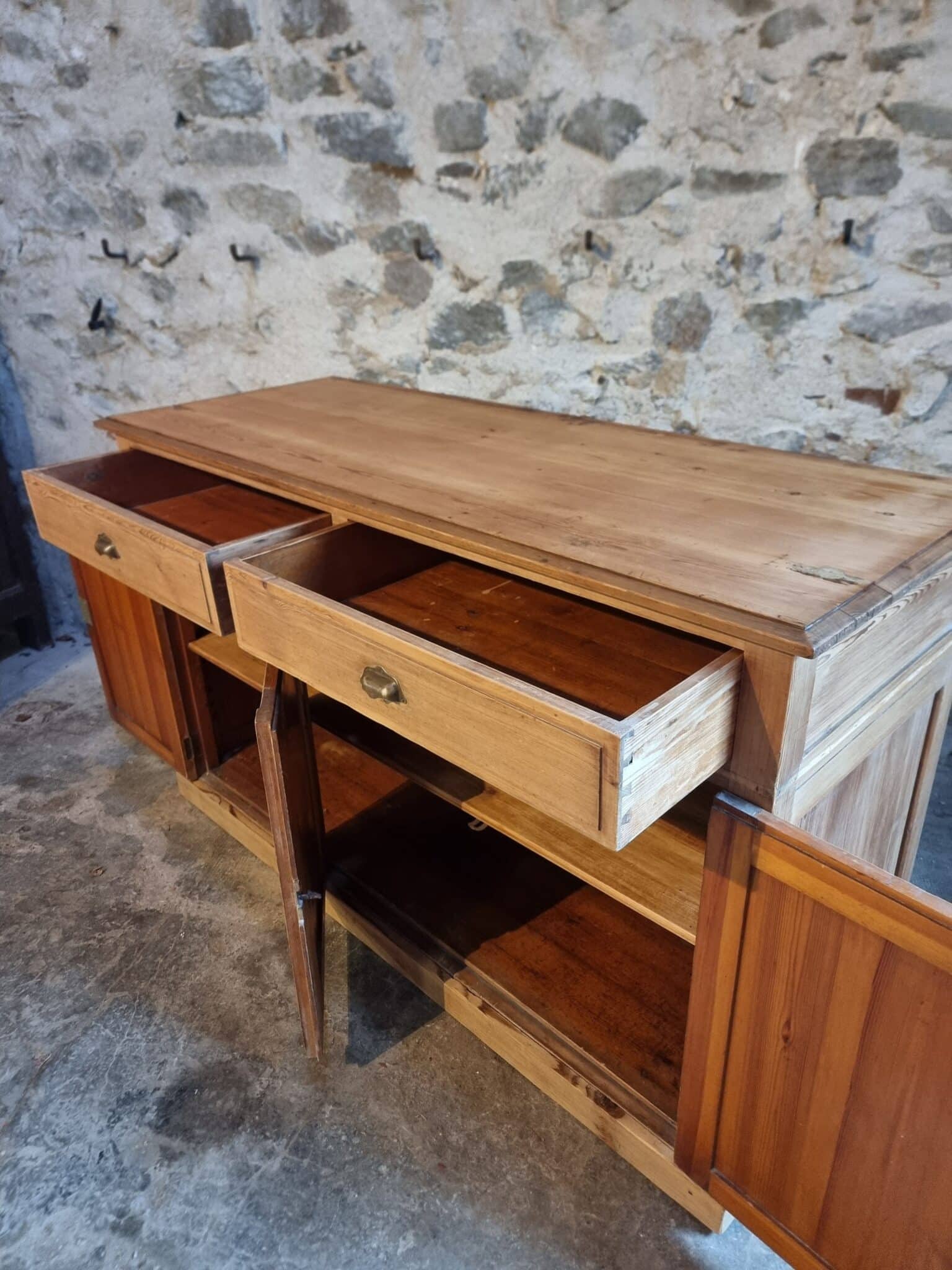 French Rustic Sideboard Cabinet 1920s – Antique Pine Buffet – Kitchen Island Counter – 3 Door Storage Cabinet (14) Wooden cabinet interior view