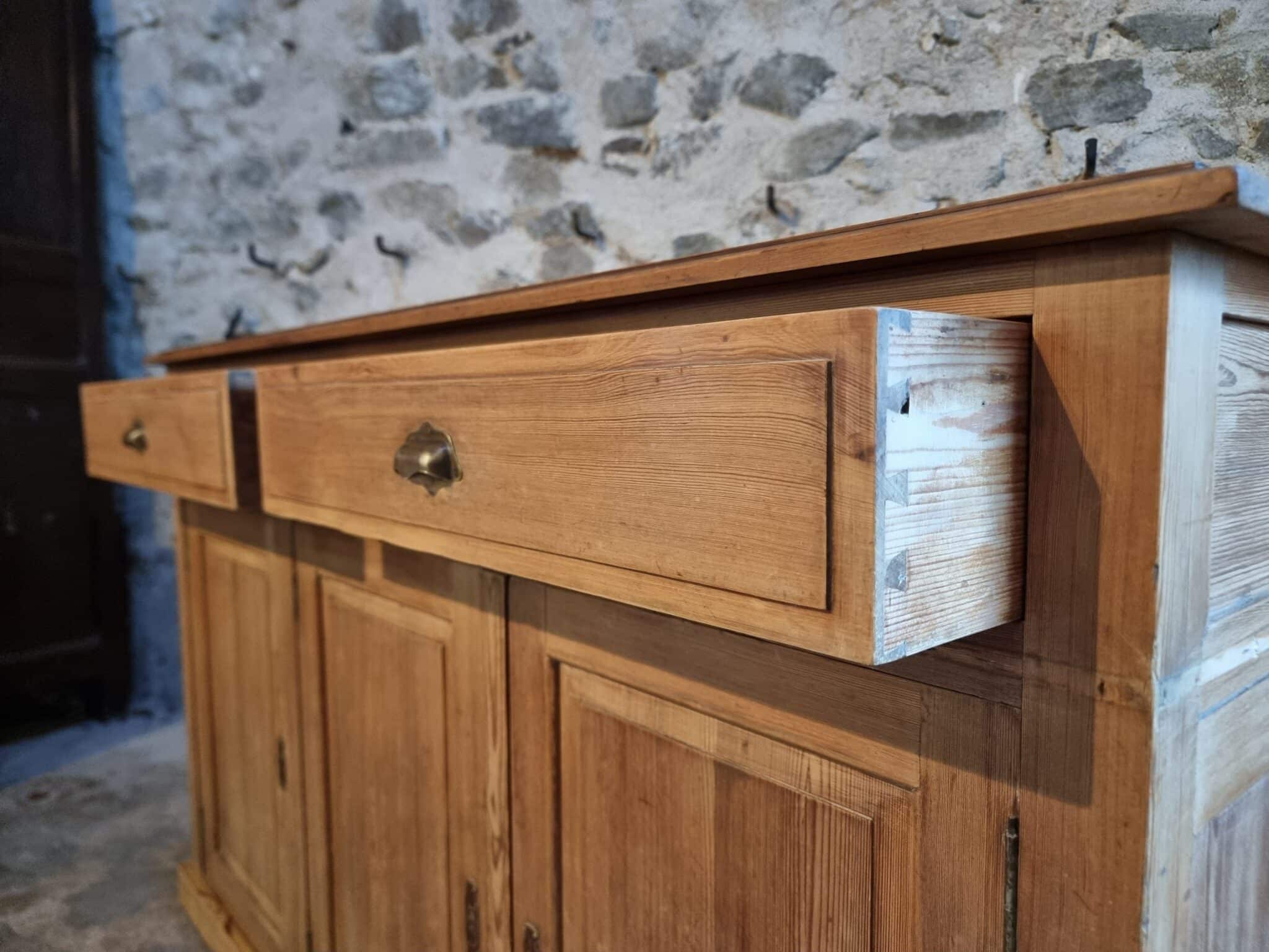 French Rustic Sideboard Cabinet 1920s – Antique Pine Buffet – Kitchen Island Counter – 3 Door Storage Cabinet (15) French country cabinet drawers