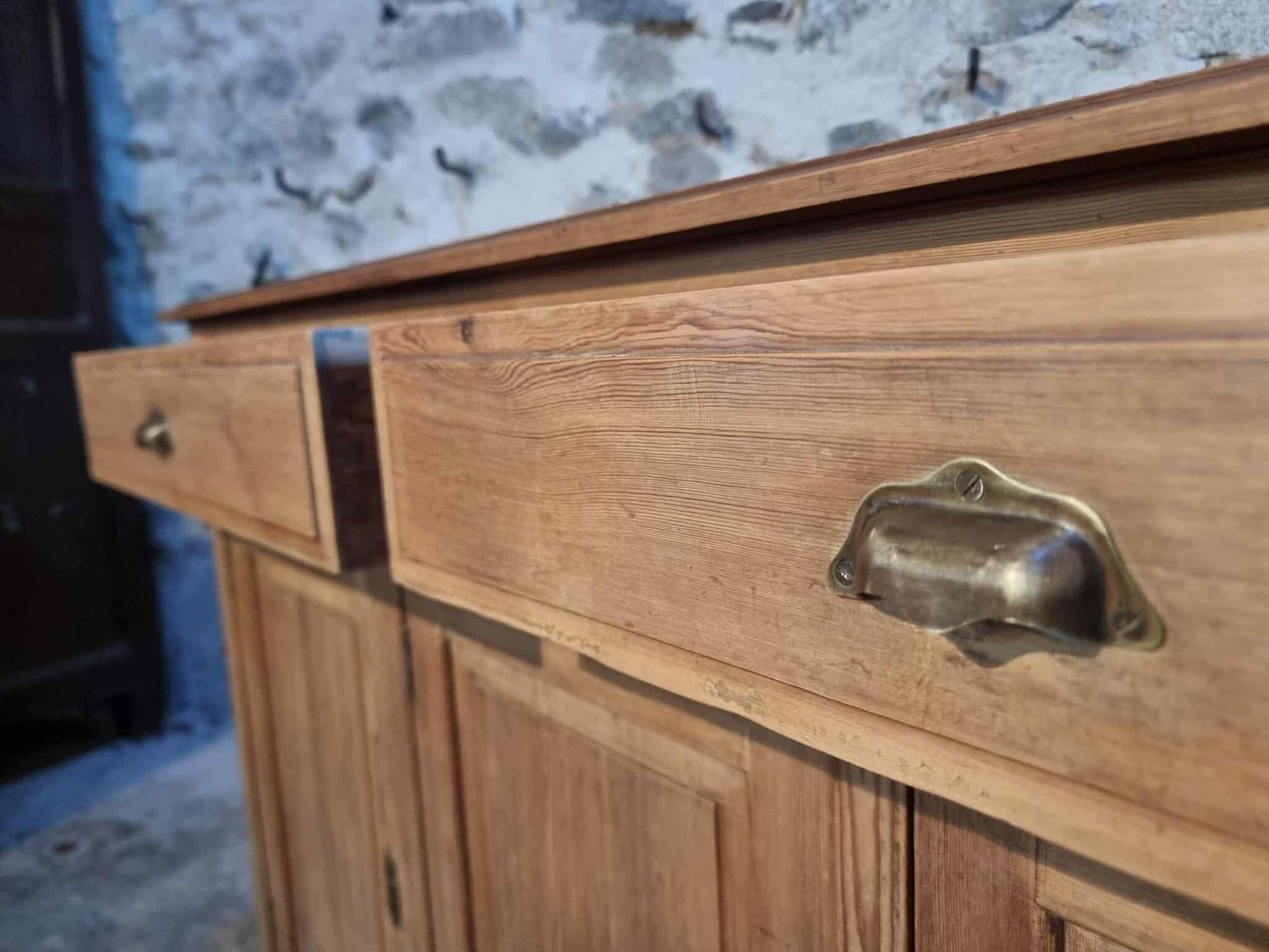 French Rustic Sideboard Cabinet 1920s – Antique Pine Buffet – Kitchen Island Counter – 3 Door Storage Cabinet (16) Rustic cabinet drawer detail