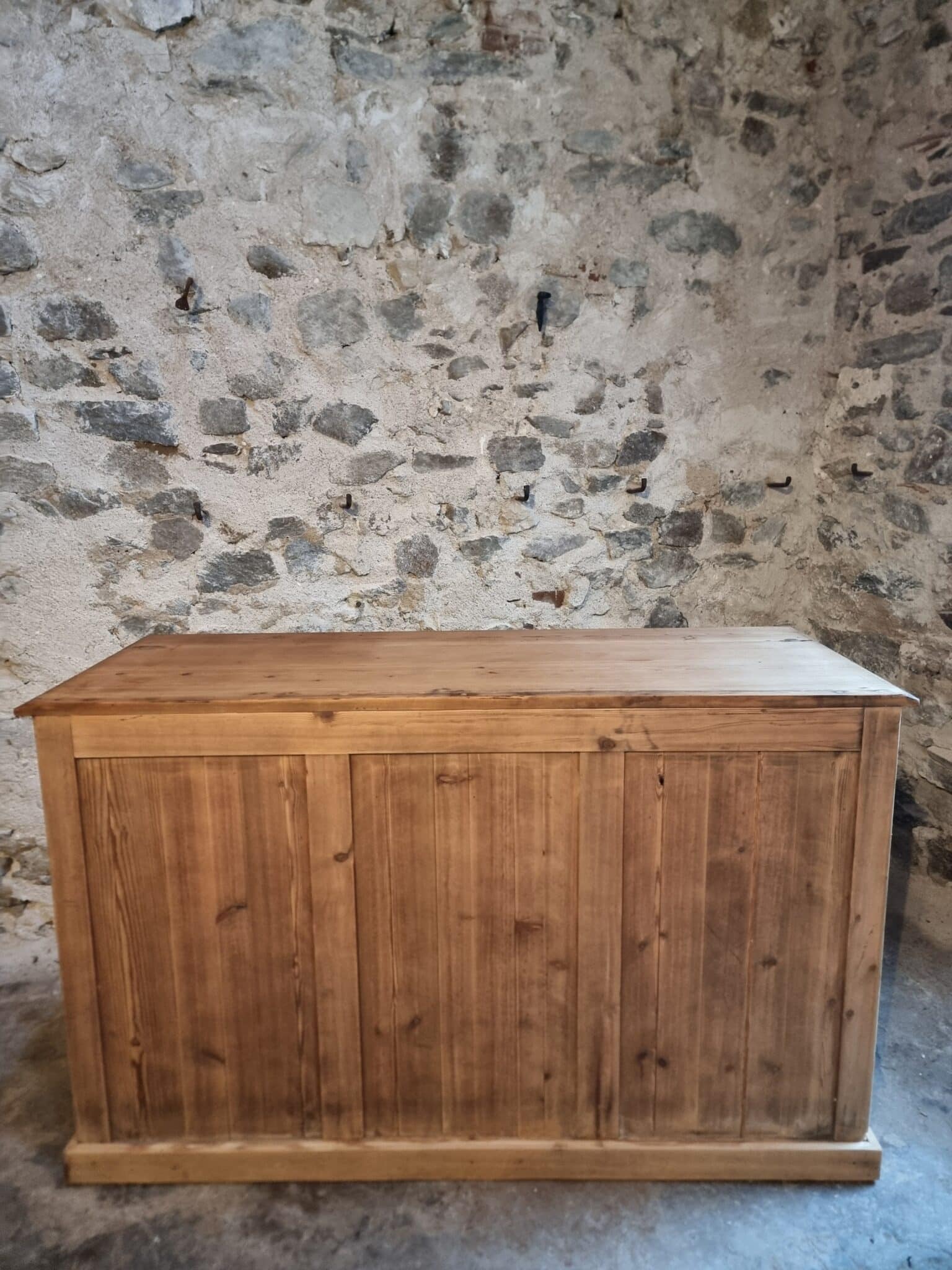French Rustic Sideboard Cabinet 1920s – Antique Pine Buffet – Kitchen Island Counter – 3 Door Storage Cabinet (2) Rural pine kitchen island back view