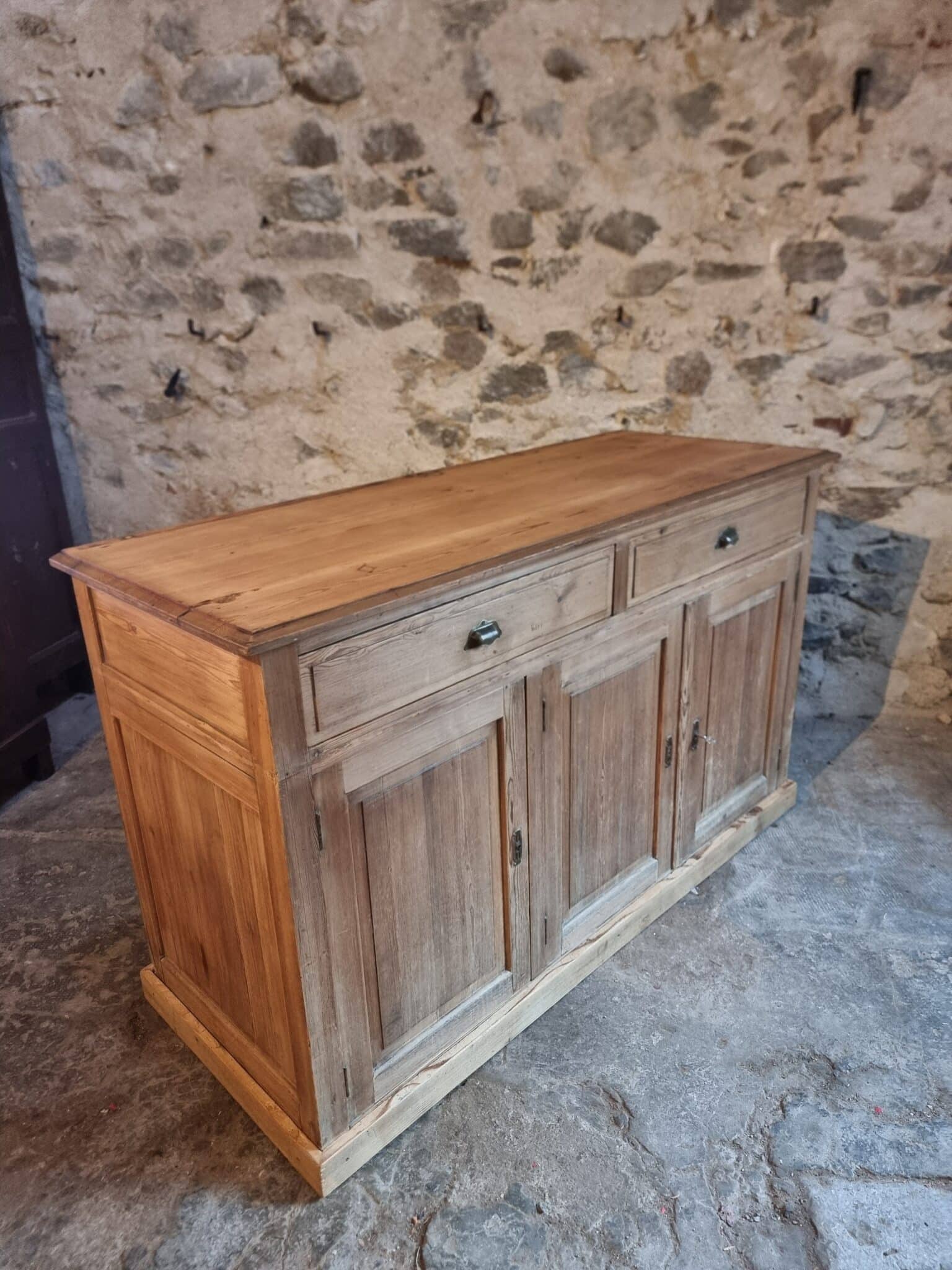 French Rustic Sideboard Cabinet 1920s – Antique Pine Buffet – Kitchen Island Counter – 3 Door Storage Cabinet (5) Rustic cabinet buffet patina