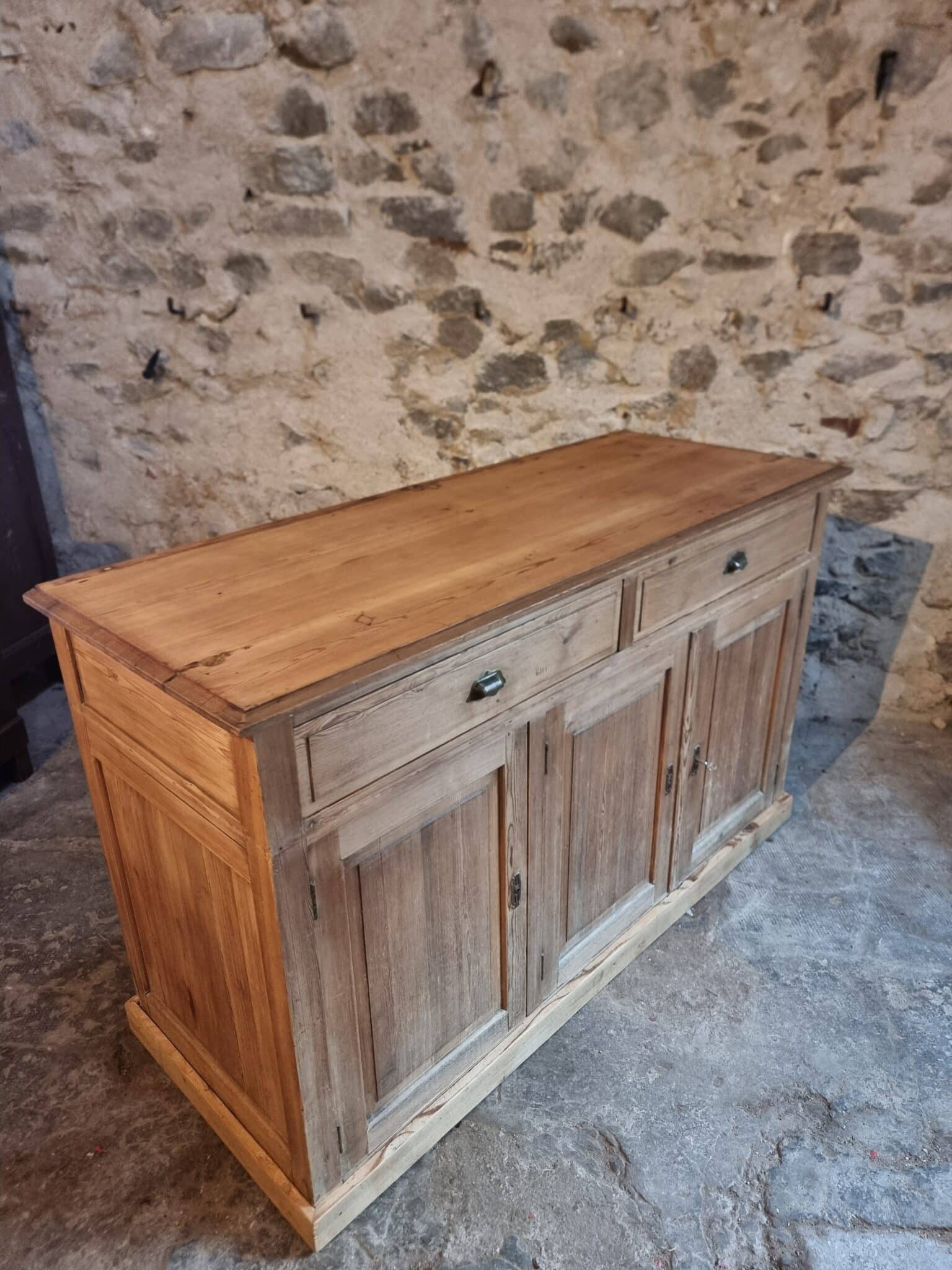 French Rustic Sideboard Cabinet 1920s – Antique Pine Buffet – Kitchen Island Counter – 3 Door Storage Cabinet (6) Rustic buffet cabinet patina