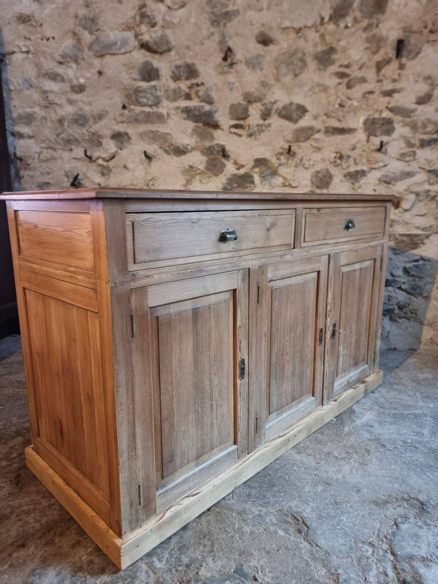 French Rustic Sideboard Cabinet 1920s – Antique Pine Buffet – Kitchen Island Counter – 3 Door Storage Cabinet (7) Pine sideboard aged finish