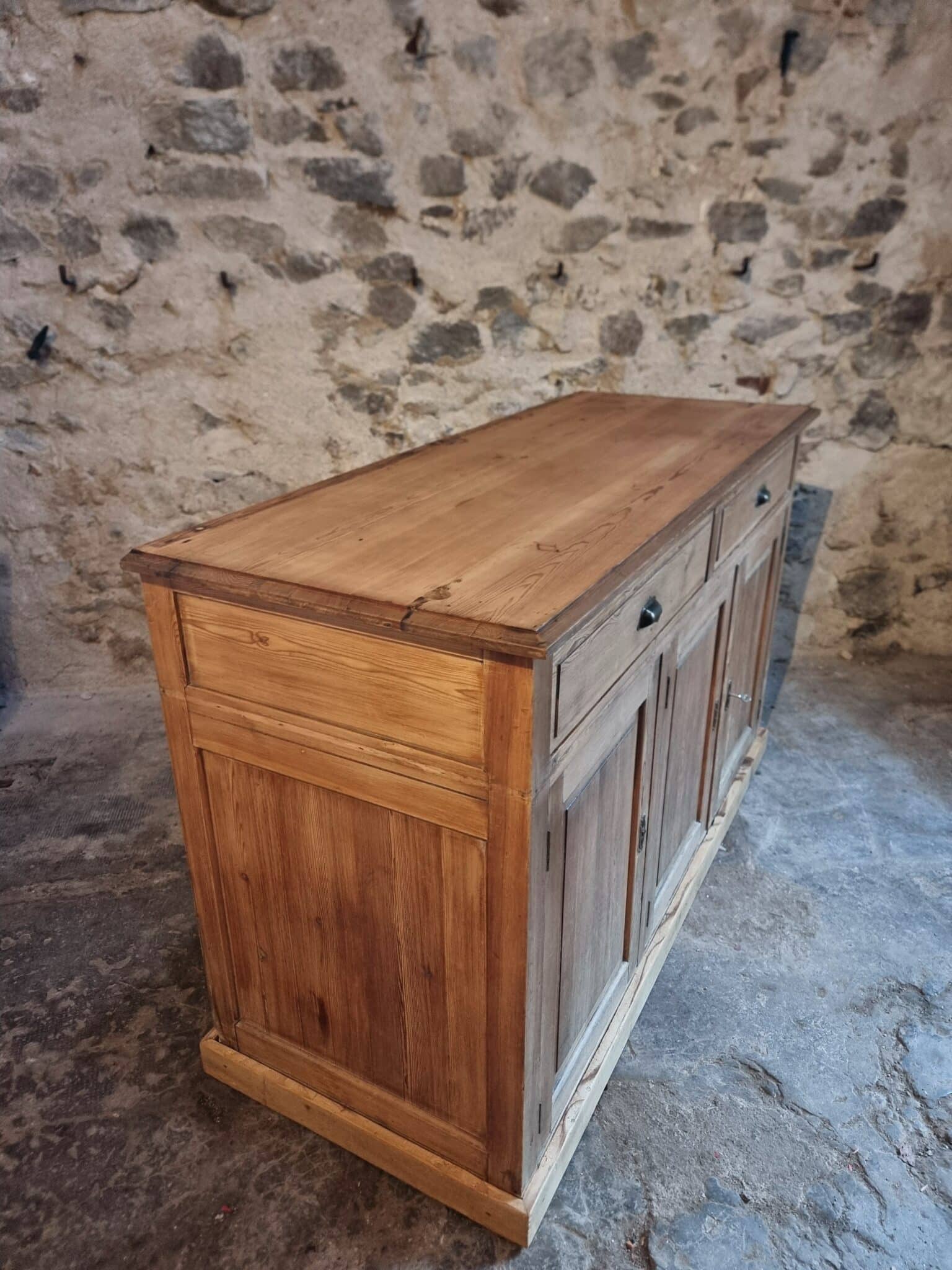 French Rustic Sideboard Cabinet 1920s – Antique Pine Buffet – Kitchen Island Counter – 3 Door Storage Cabinet (8) Antique pine sideboard side view