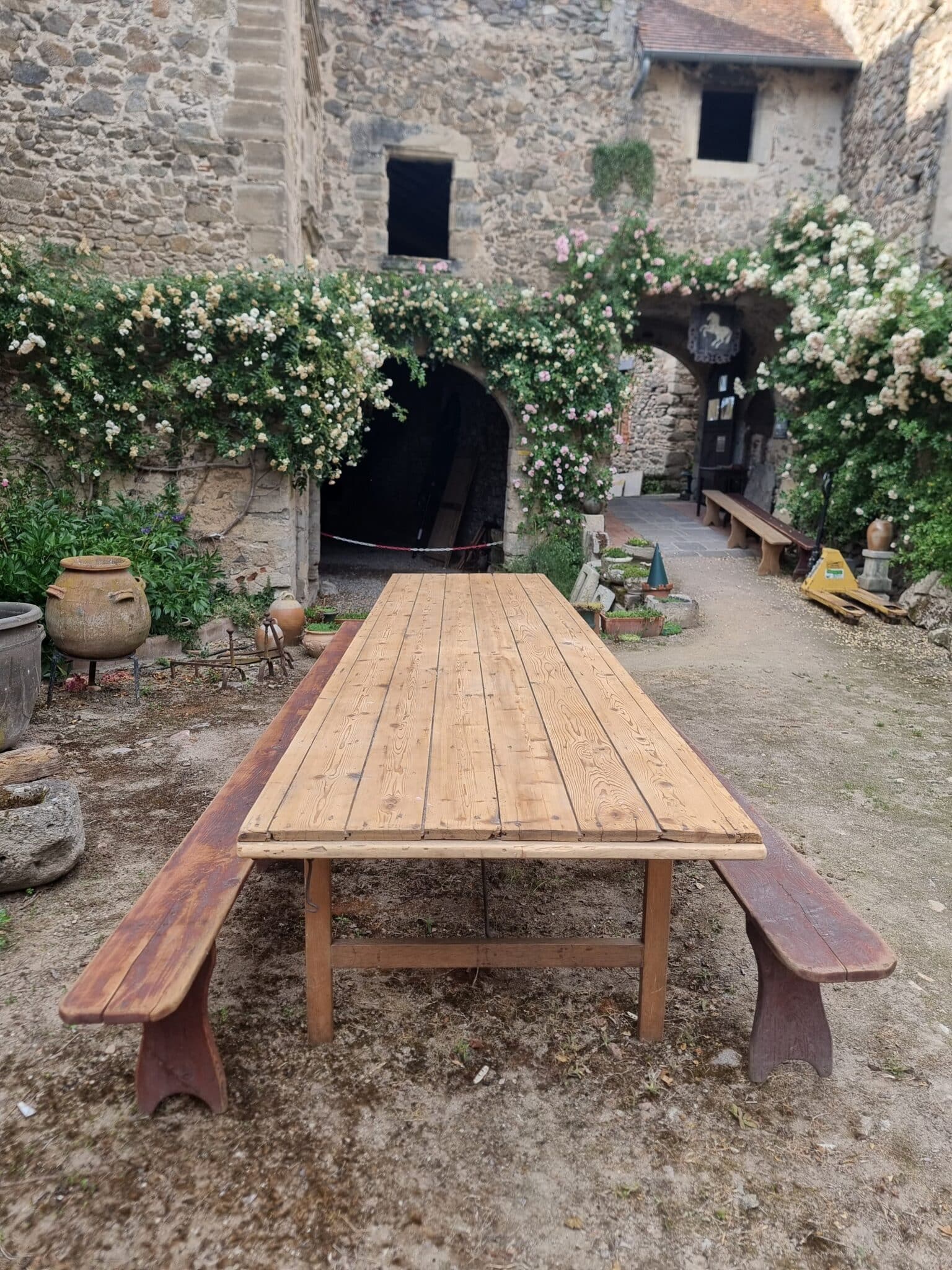 Antique French Garden Dining Table – XXL Wine Table with Benches (10)