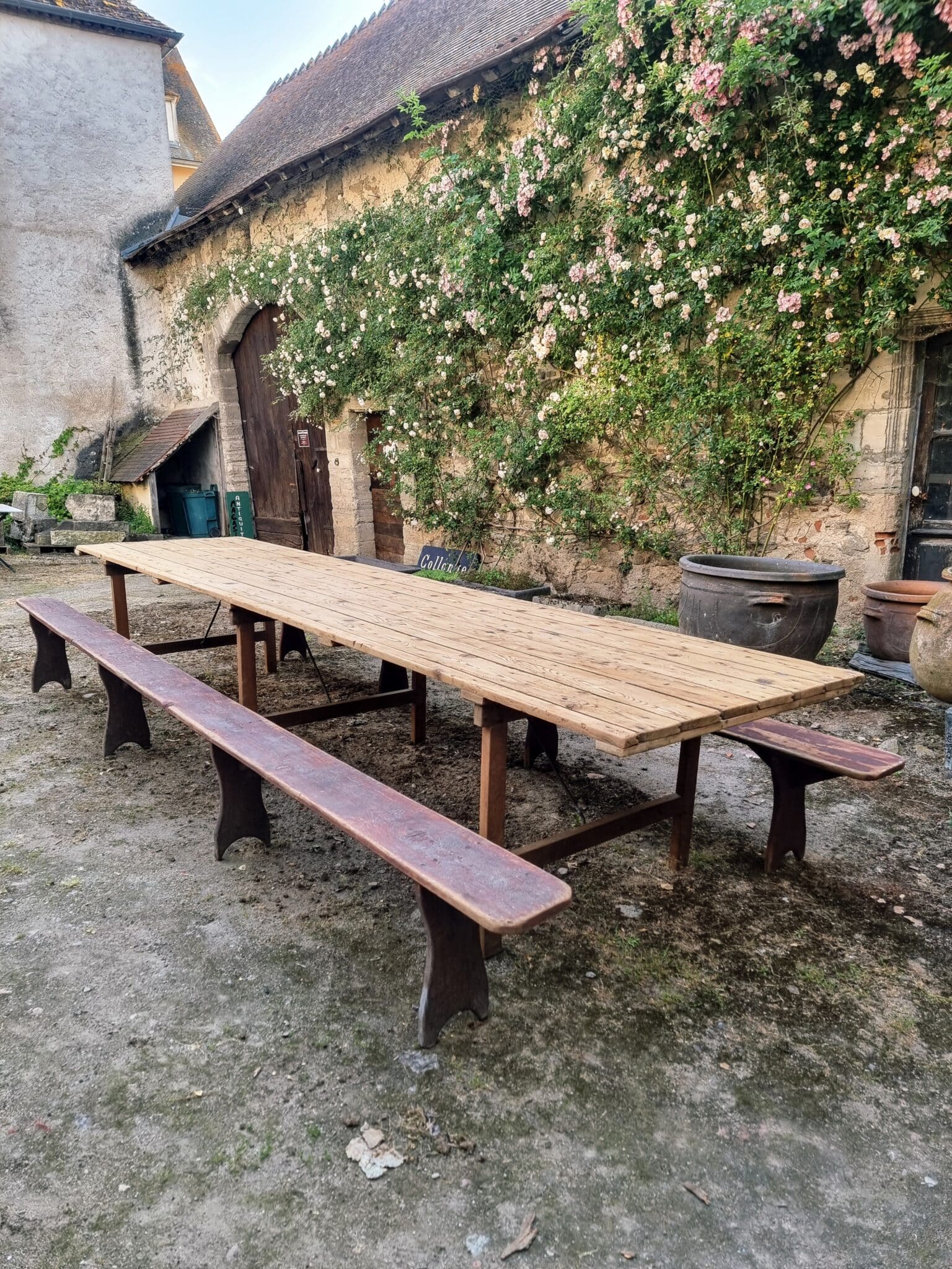Antique French Garden Dining Table – XXL Wine Table with Benches (16)