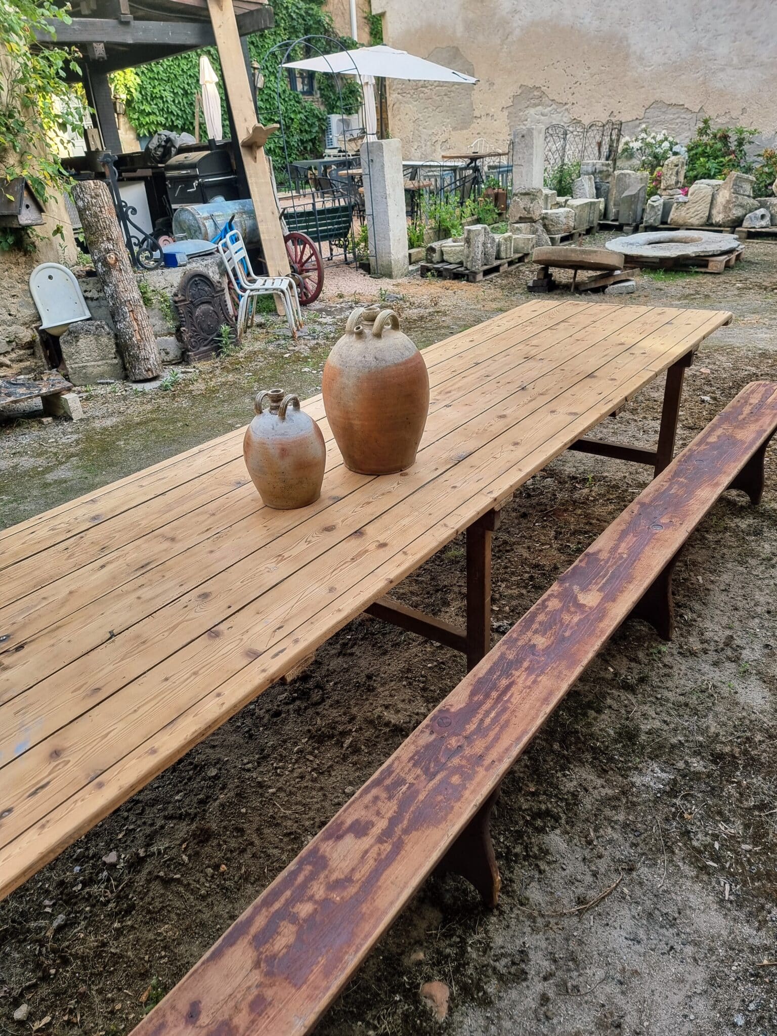Antique French Garden Dining Table – XXL Wine Table with Benches (19)