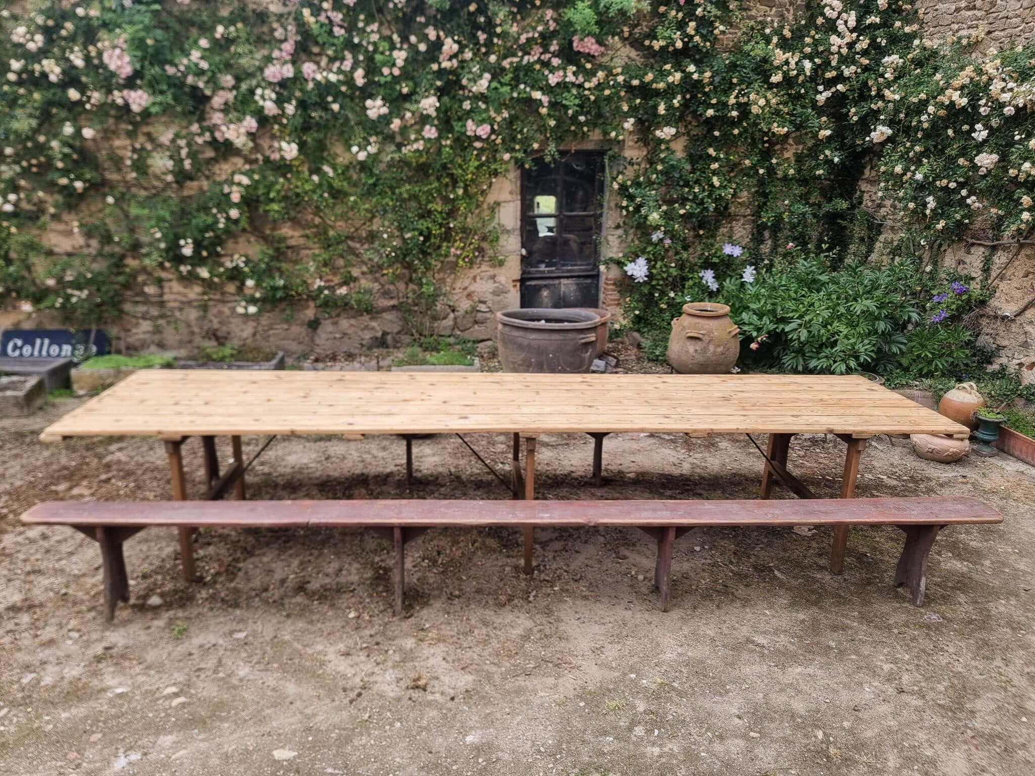 Antique French Garden Dining Table – XXL Wine Table with Benches (7)