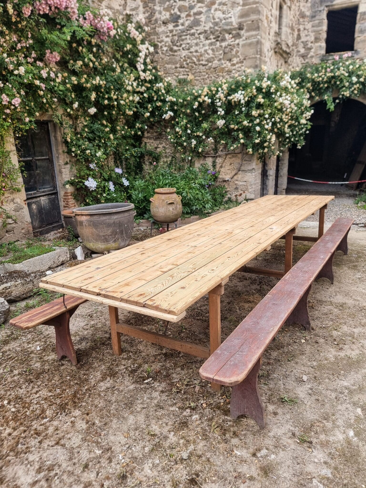 Antique French Garden Dining Table – XXL Wine Table with Benches (9)
