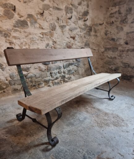 Antique Garden Bench with Wrought Iron Base and Oak Seat (1)