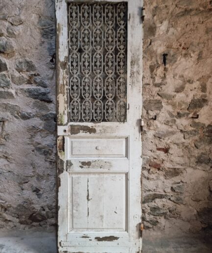 Antique Oak Front Door with Cast Iron Grille, French Architectural Salvage (1)