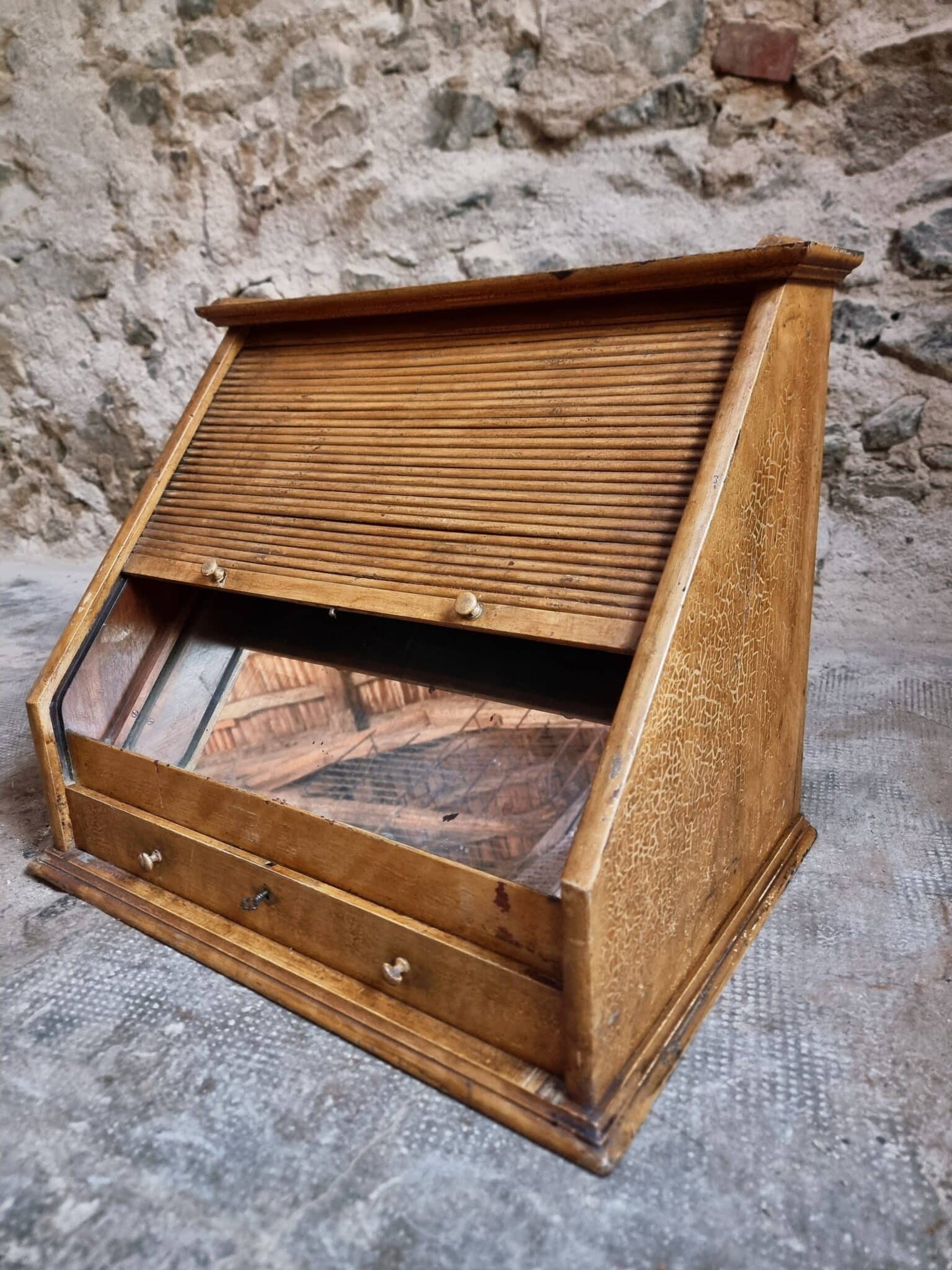 Antique Optician Table Display Cabinet – Walnut Roll Top Vitrine (11)