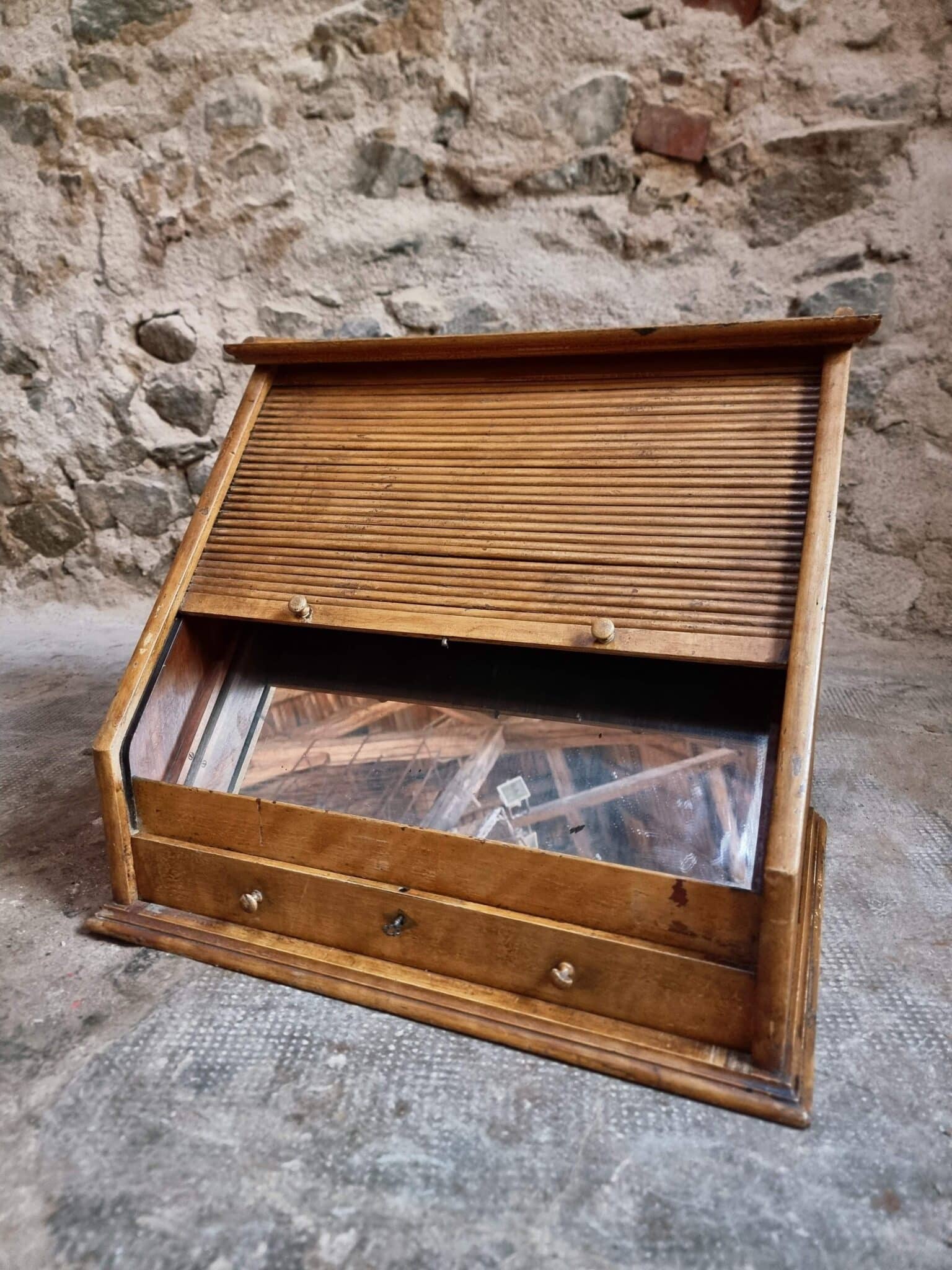 Antique Optician Table Display Cabinet – Walnut Roll Top Vitrine (12)