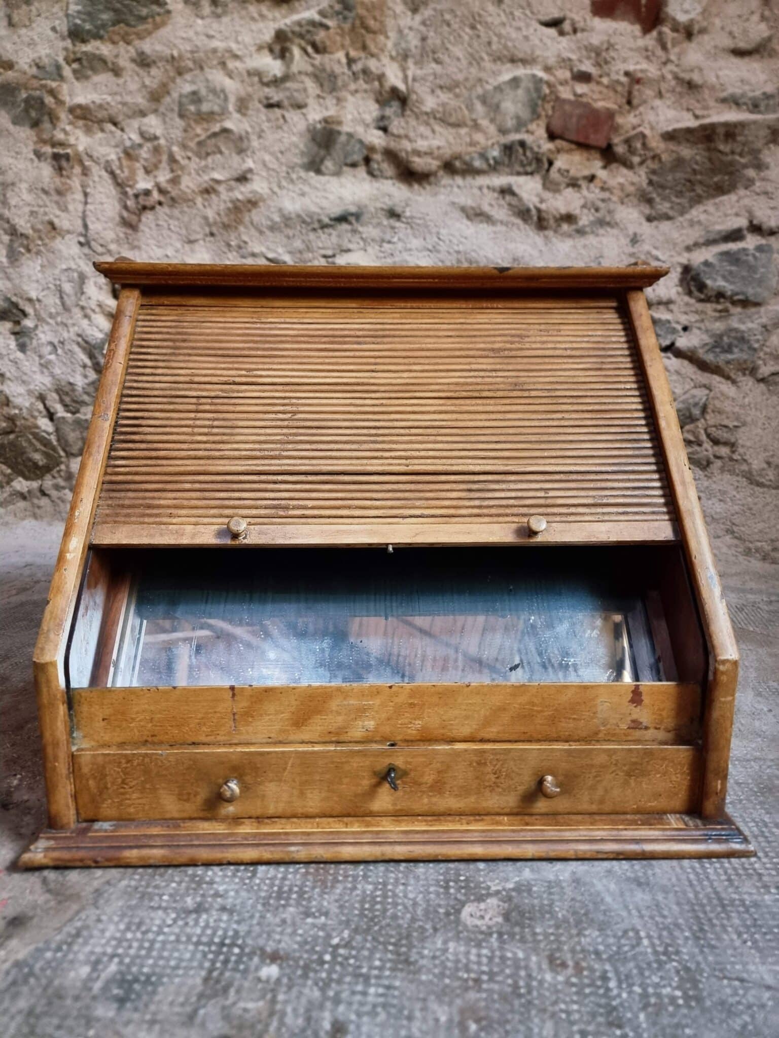 Antique Optician Table Display Cabinet – Walnut Roll Top Vitrine (5)