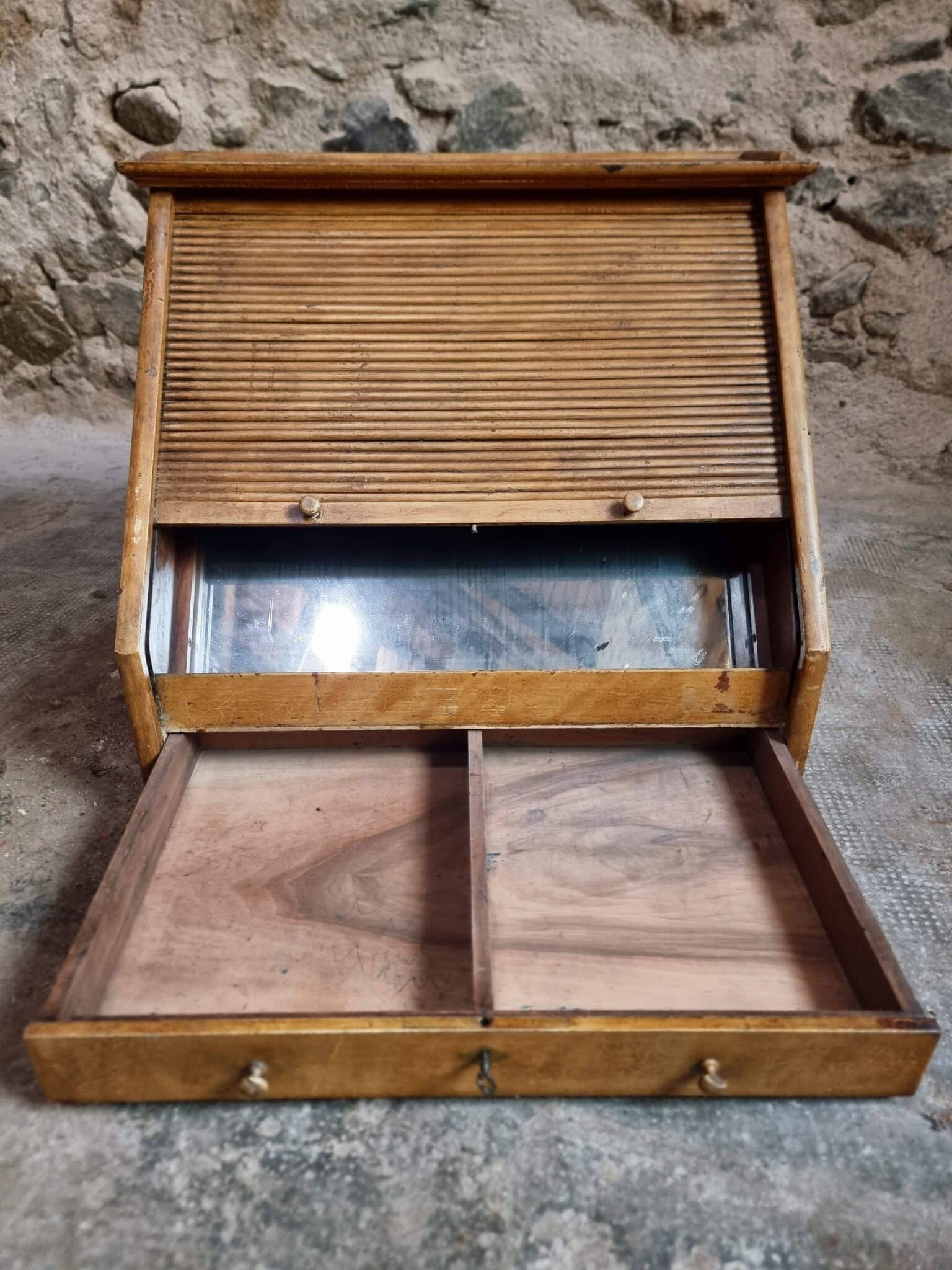 Antique Optician Table Display Cabinet – Walnut Roll Top Vitrine (6)
