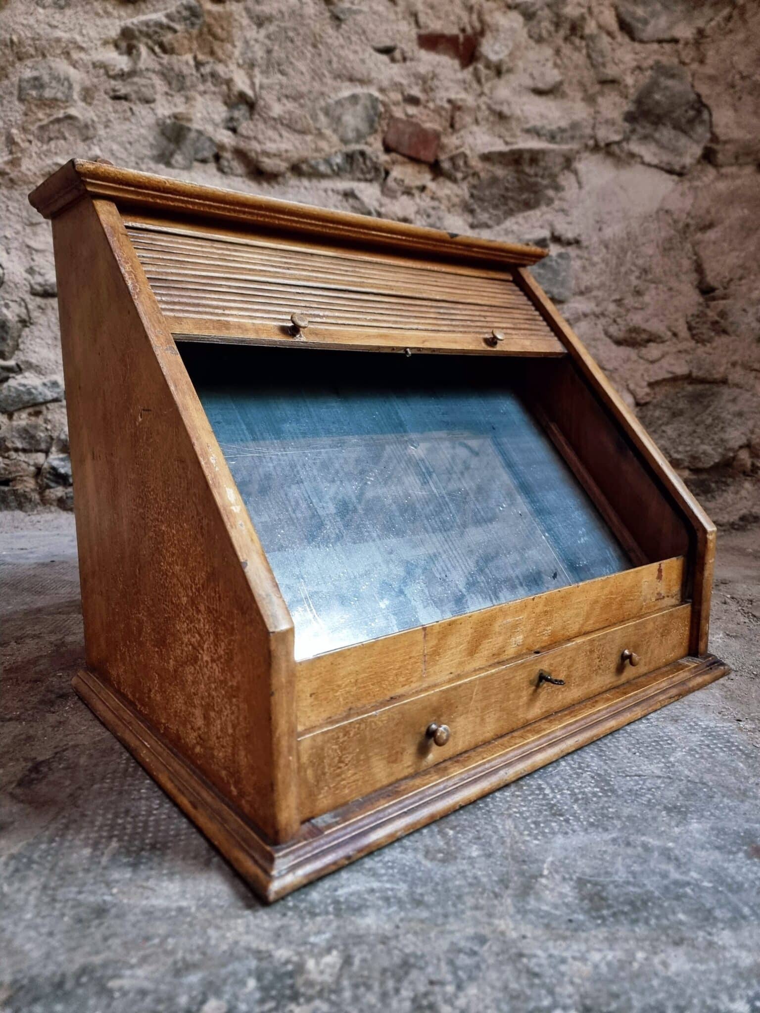 Antique Optician Table Display Cabinet – Walnut Roll Top Vitrine (8)