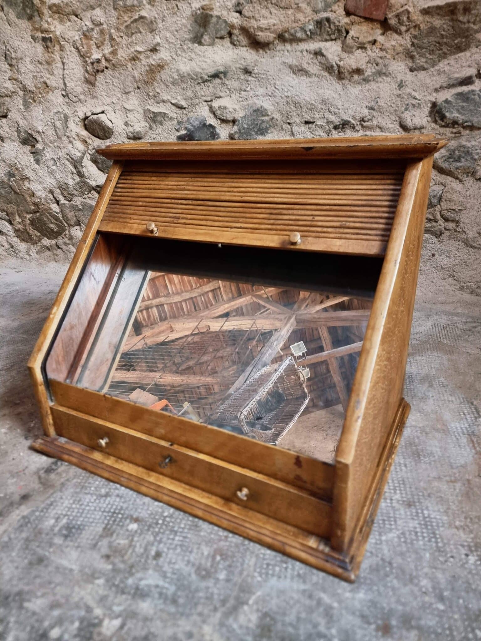 Antique Optician Table Display Cabinet – Walnut Roll Top Vitrine (9)